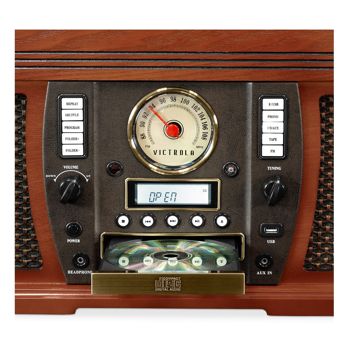 Victrola Aviator 8-in-1 Bluetooth Turntable & Multimedia Center with Built-in Stereo Speakers (Mahogany)