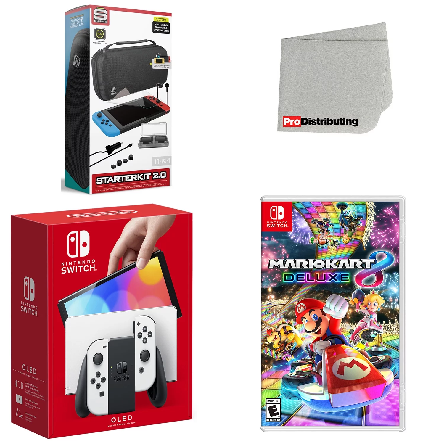 Nintendo Switch OLED Console White with Mario Kart 8 Deluxe, Accessory Starter Kit and Screen Cleaning Cloth Bundle