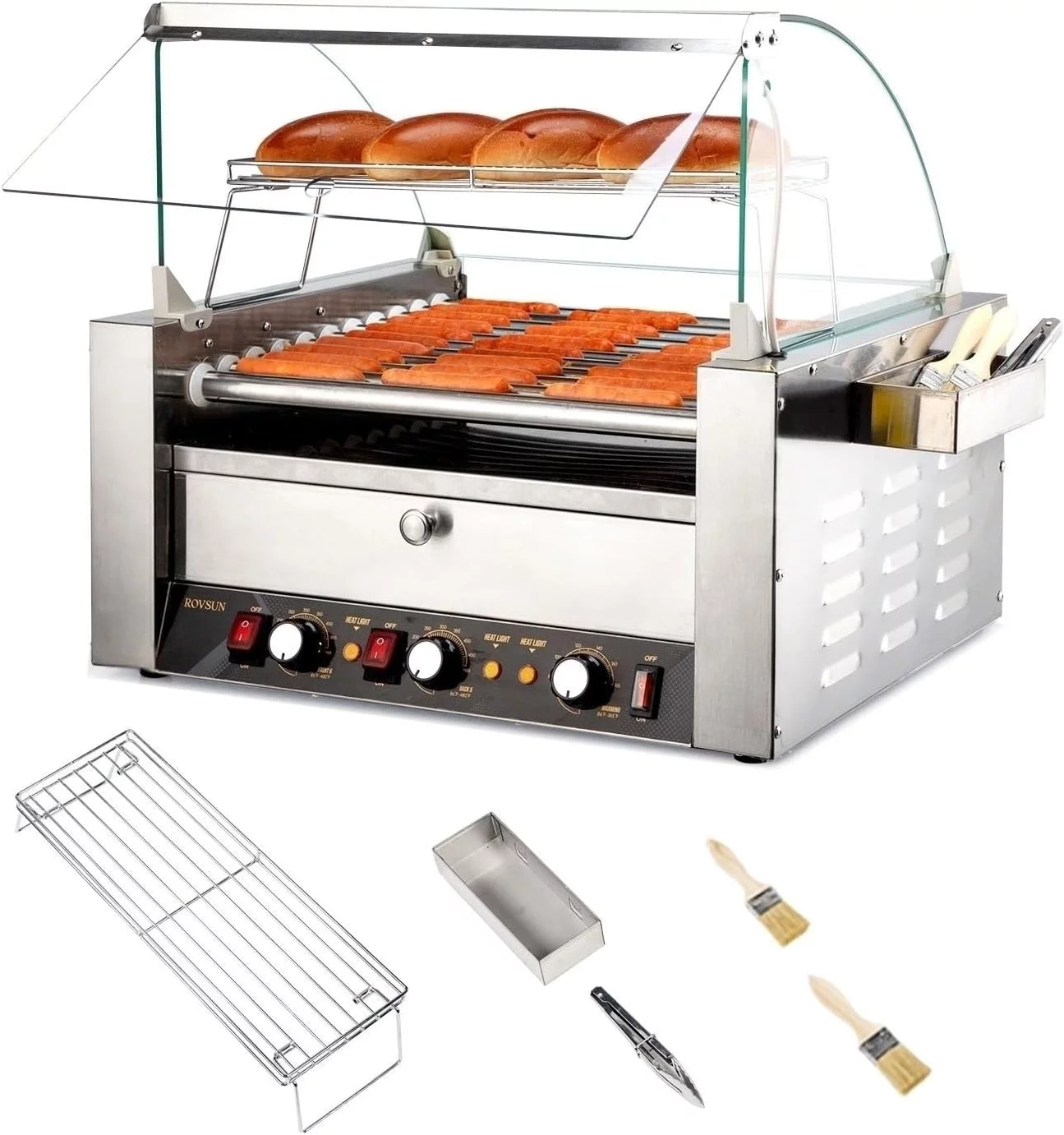 ROVSUN Hot Dog Roller Warmer 2000W, 11 Rollers 30 Hot Dog Roller Grill Cooker Machine w/Bun Warmer, Cover, Dual Temp Control, LED Light, Removable Shelf & Drip Tray for Party Home Commercial