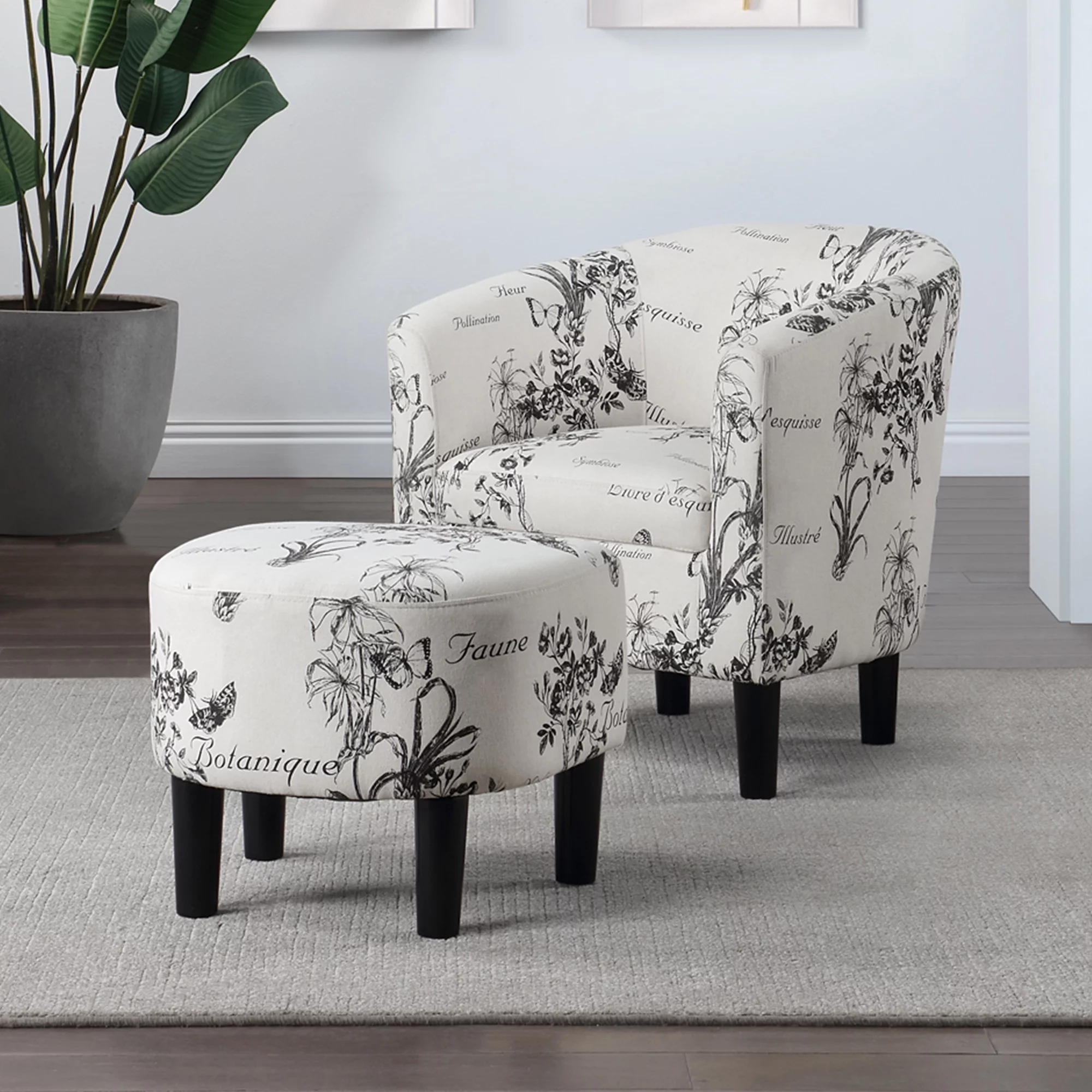 Convenience Concepts Take a Seat Churchill Accent Chair with Ottoman, Botanical Print