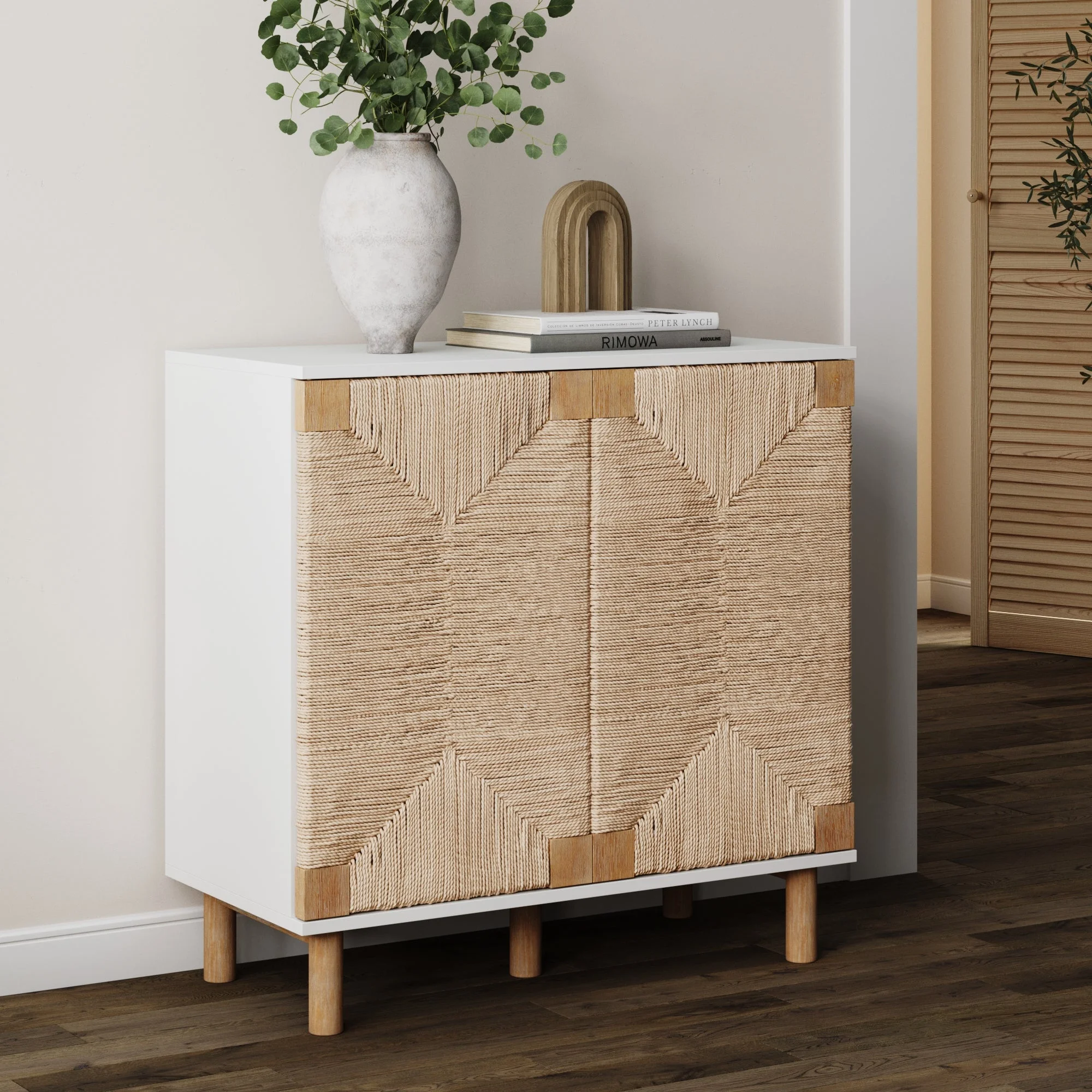 Nathan James Beacon Accent Natural Cabinet Sideboard, Storage Cabinet with Adjustable Interior Shelf and Seagrass Doors, for Hallway, Entryway or Dining Room, Light Brown/White