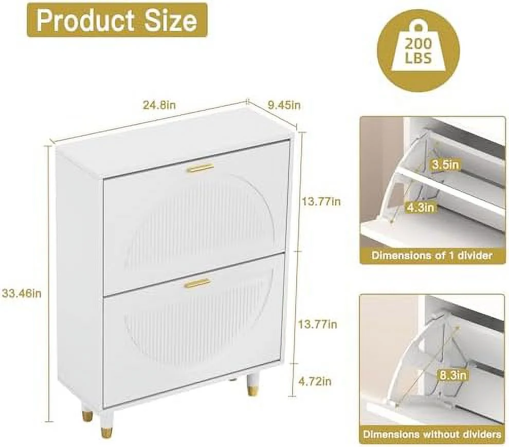 NLIBOOMLife Shoe Cabinet for Entryway Slim  Hidden Shoe  Cabinet White  Narrow Shoe Organizer with Doors  2 Flip Drawer Shoe Rack Cabinet with Doors  Thin Shoe Dresser Wood