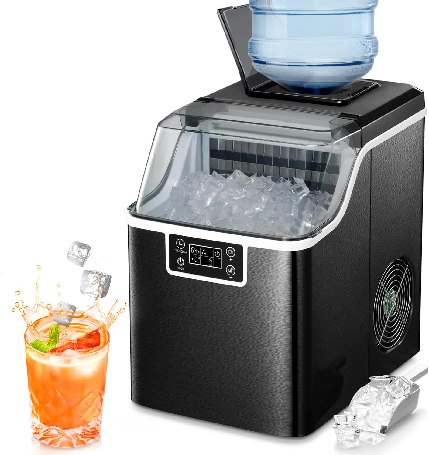 ZAFRO Countertop Ice Maker with Self-Cleaning, High-Efficient Square Ice Maker Machine, 2 Way Add Water, 45 Lbs/Day, 24Hrs Timer,Compact for Home Party Bar RV,Black