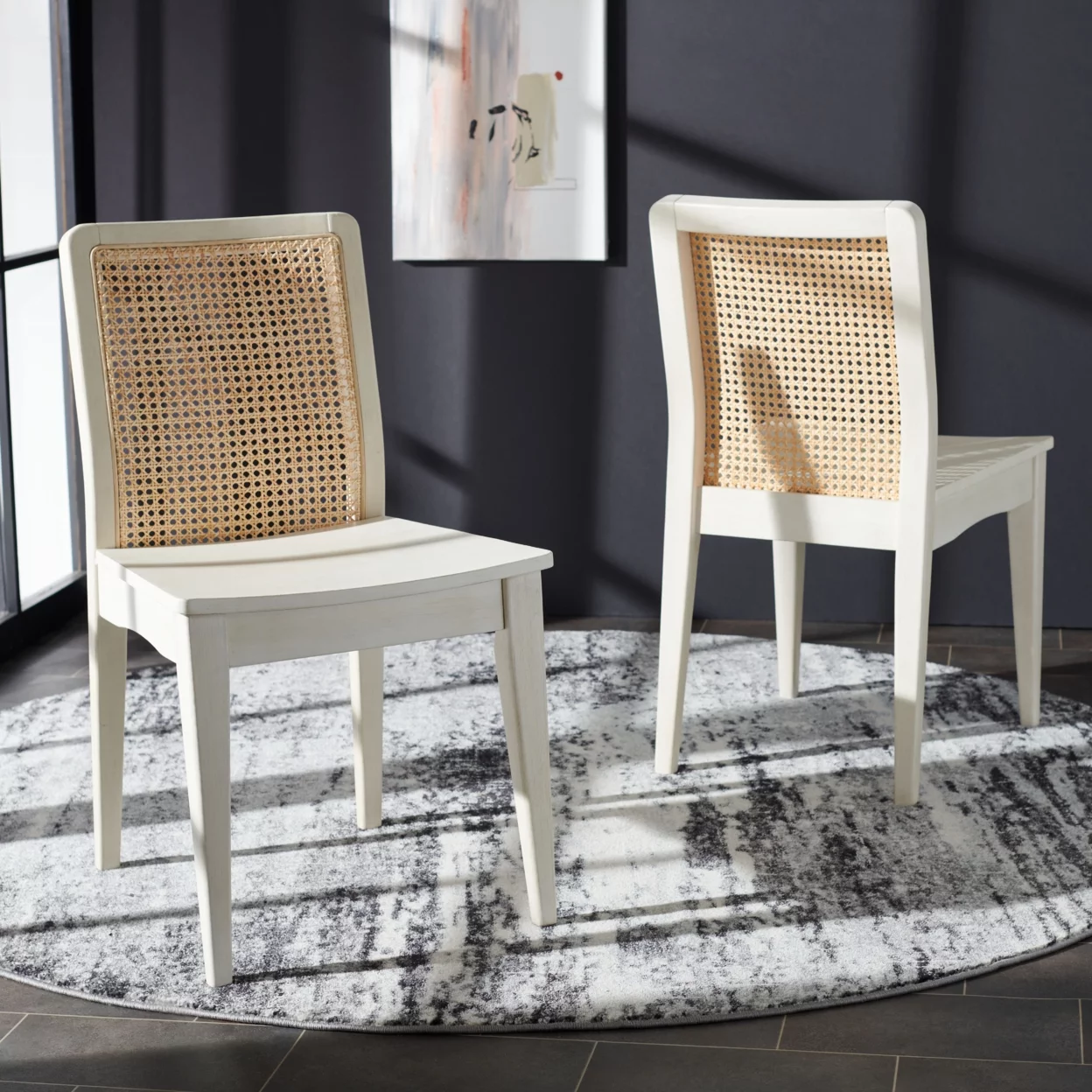 SAFAVIEH Benicio Rattan Dining Chair, White/Natural, Set of 2 (18.9 in. W x 22.3 in. D x 33.9 in. H)
