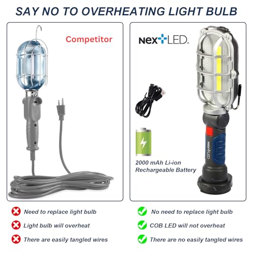 NextLED NT-5571 Rechargeable Magnetic LED Work Light , 1000 Lumen LED Trouble Light, Cordless LED Drop Light, Mechanic Flashlight for Garage, Magnetic Base & Hook Automotive Work Light for Car Repair