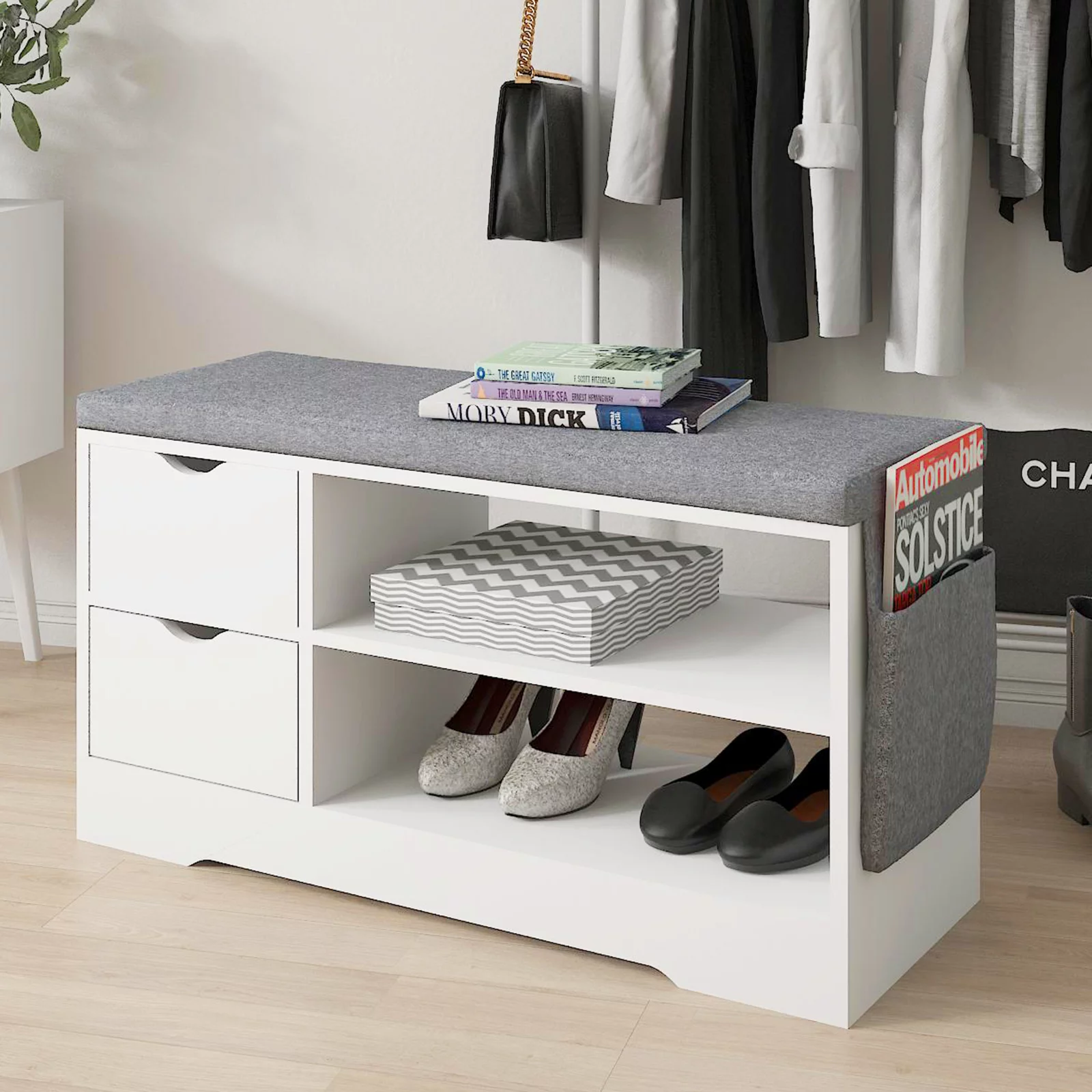 Shoe Storage Bench Cabinet with drawer & Cushion, 2-Tier Shoe Rack Organizer for Entryway and Hallway, White