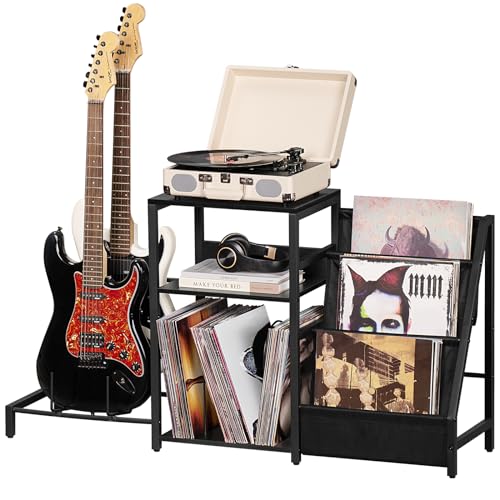 LELELINKY 3 Tier End Table,Record Player Stand with Storage Up to 100 Albums,Turntable Stand for Vinyl,Brown Records Shelf for Living Room Bedroom