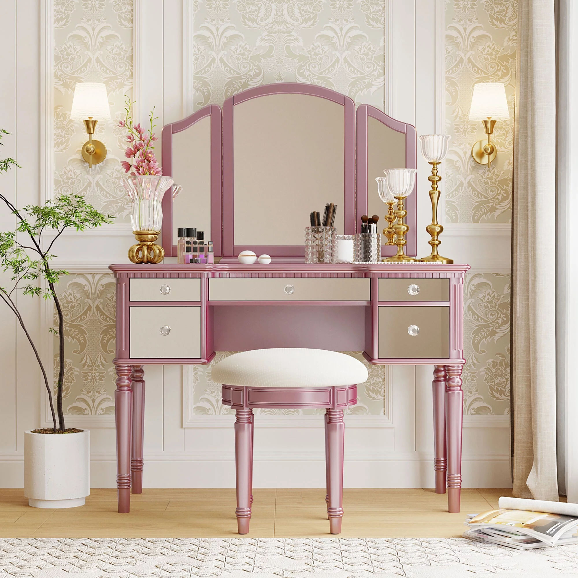 Euroco Vanity Set with Tri-Fold Mirror Dressing Table Set with Mirrored Drawers and Stool, Makeup Vanity for Bedroom, Pink