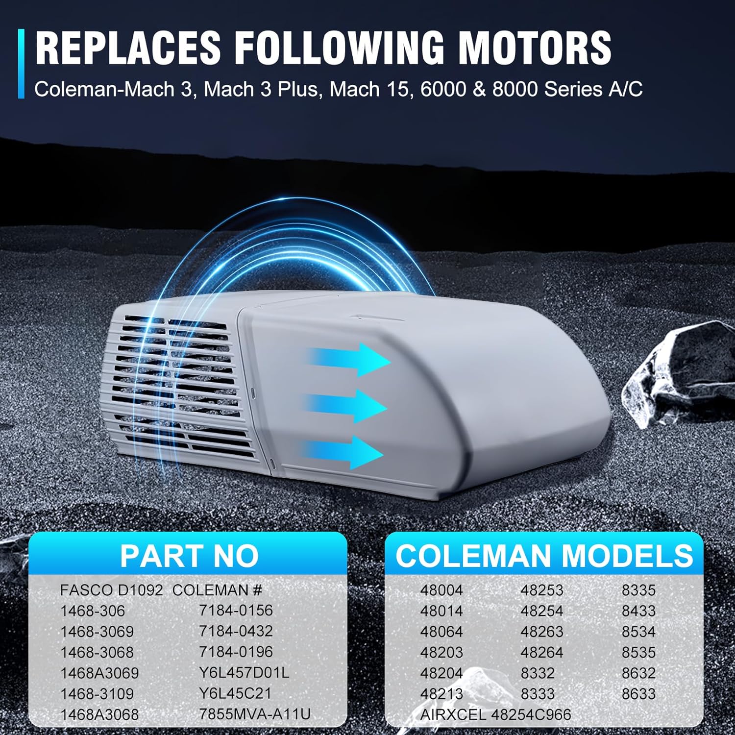D1092, 1468-306, 7855MVA-A11U RV AC Fan Motor Compatible with Coleman 6000 & 8000 Series A/C Units, 48004, 48014, 48064 etc, Replace No. 1468A3069, Y6L457D01L, 1468-3069, 7184-0156 etc 5-Year Warranty