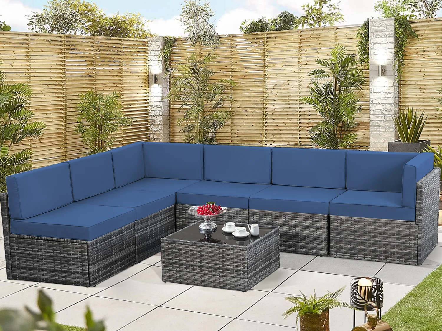 YODOLLA 7-Piece Outdoor Furniture Set, Rattan Wicker Sectional Sofa Couch Patio Conversation Set with Table In Dark Blue