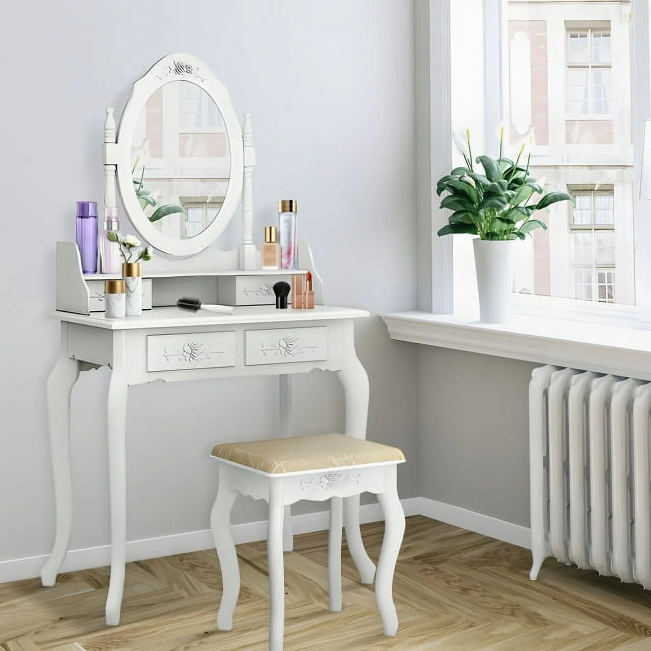 SYTHERS White Dressing Table 360-Degree Rotation Removable Mirror 4 Drawers Vantiy Set for Adult Girls
