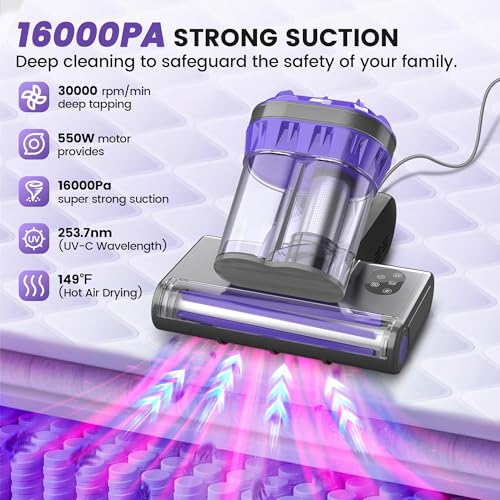 Mattress Vacuum Cleaner, Handheld Bed Vacuum Cleaner with 16Kpa Suction, 253.7nm UV-C Light & 149℉ Hot Air, 550W Double-Cup Handheld Vacuums for Bed, Sofa, Couch, Crib, Corded