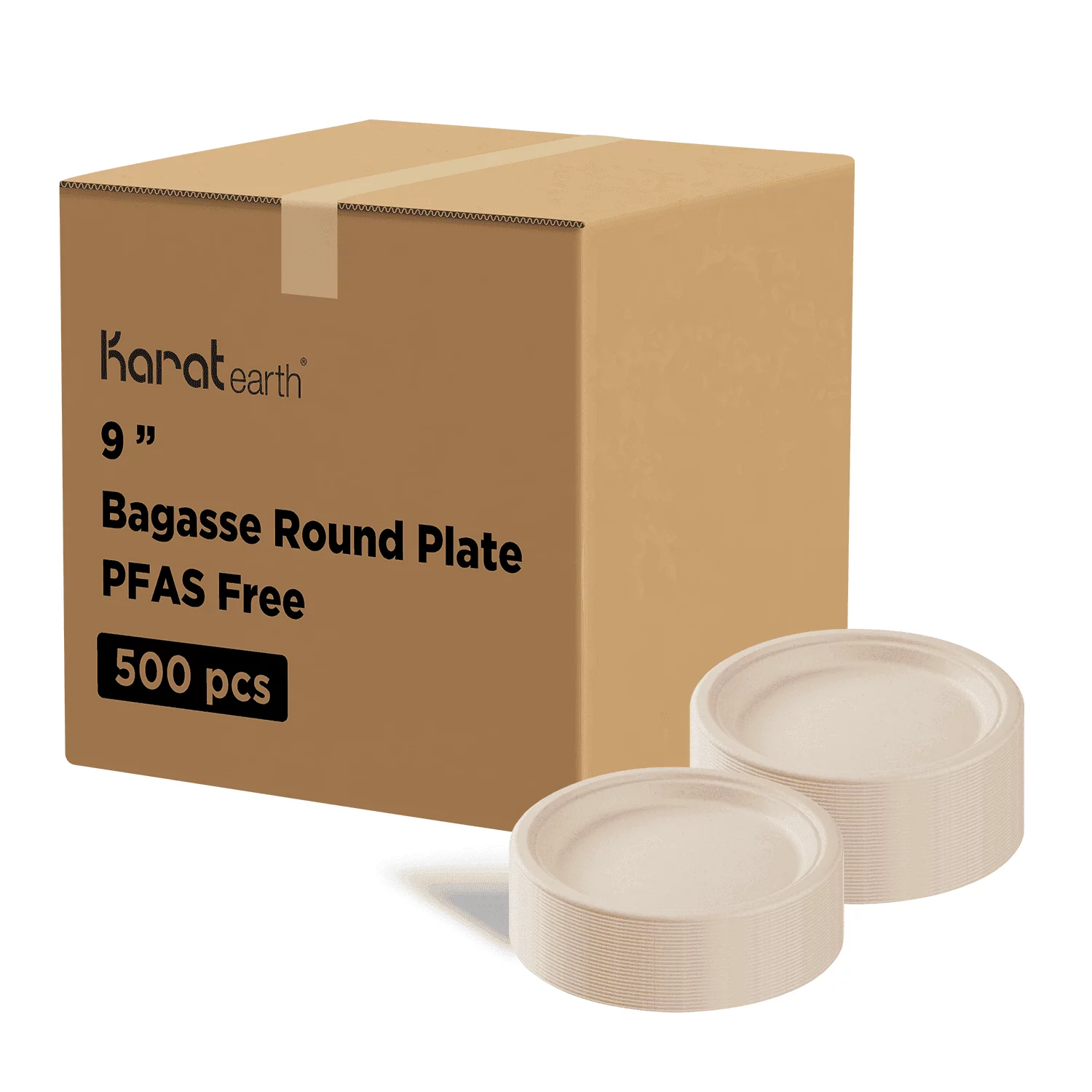 Karat Earth 9'' PFAS Free Compostable Bagasse Round Plates, Natural - 500 ct