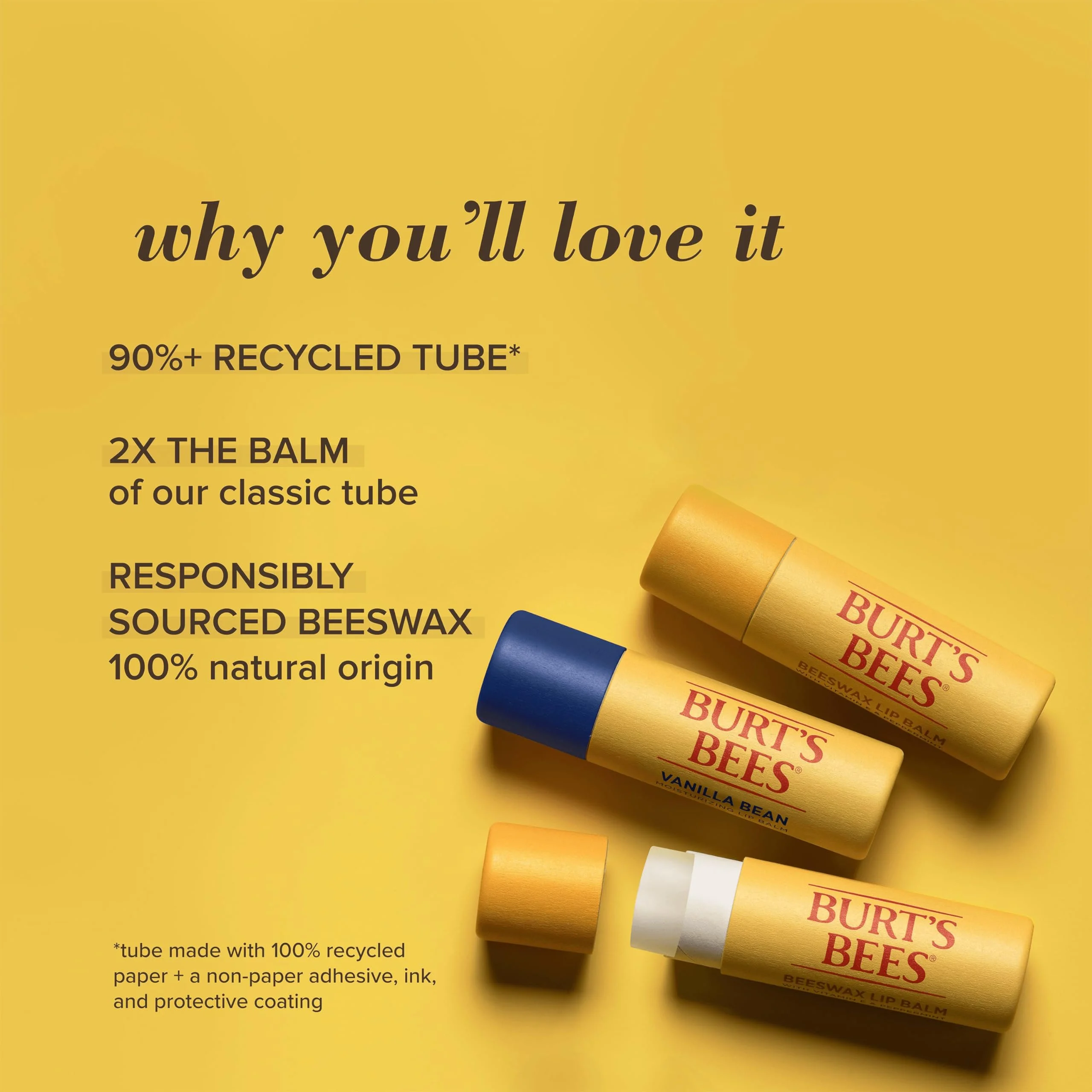 Burts Bees Lip Balm, 3 Larger Recycled Paper Tubes with 2x the Balm per Tube, Moisturizing Lip Care for All Day Hydration - 2 Original Beeswax & 1 Vanilla (3 Pack)