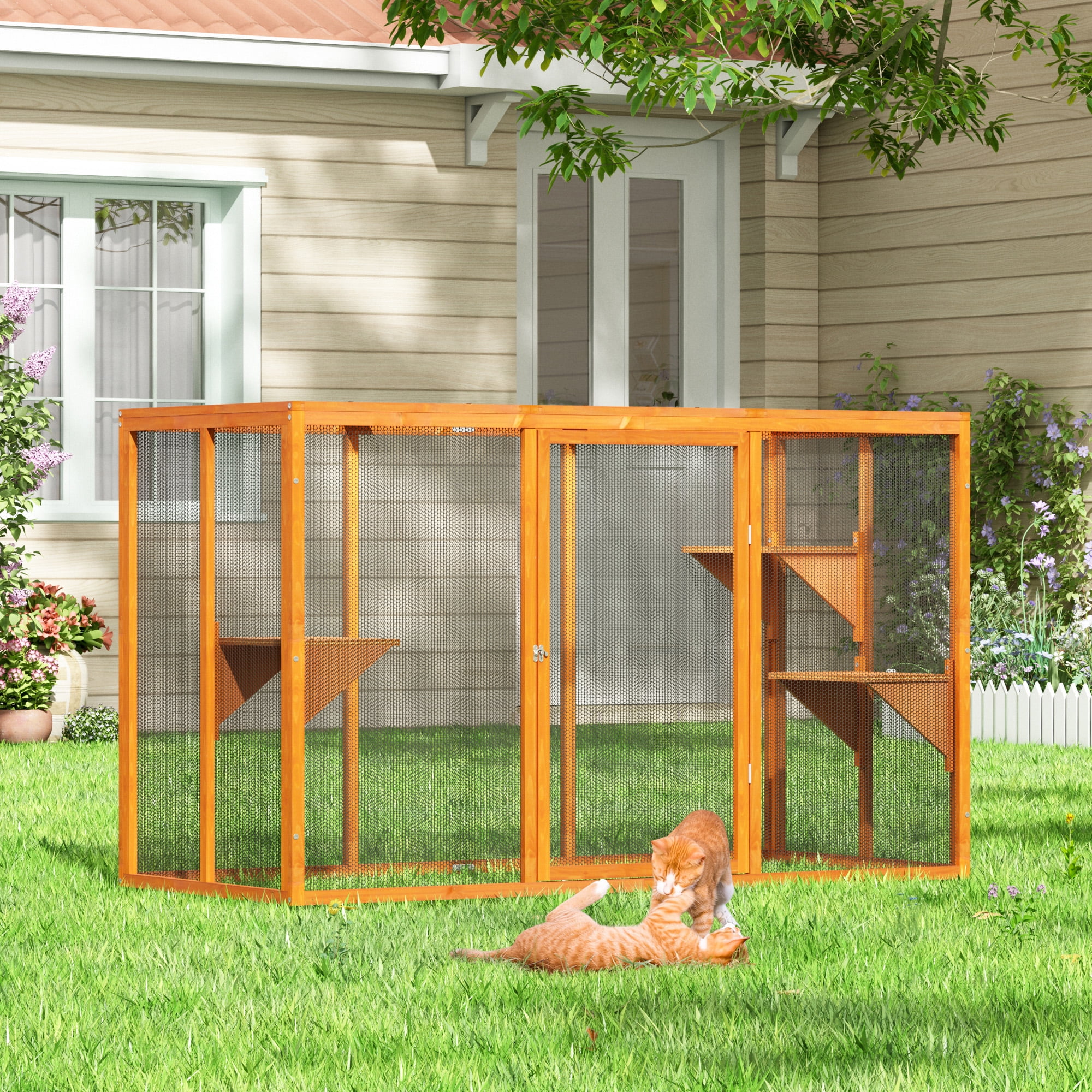 COZIWOW Outdoor Cat House, Wood Cat Catio with Platforms, Lockable Enter Door, Sunshine Panel, Cat Patio Cage Enclosure for Backyard Garden, Orange