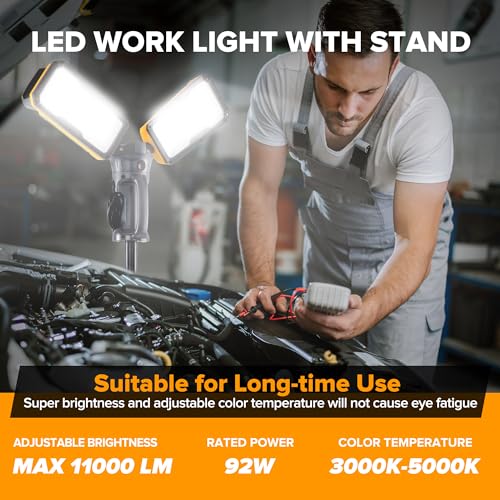 LUTEC 【Upgraded】 6290Max 11000 Lumen 92W Dimmable LED Work Light with Telescoping Tripod, Adjustable Color Temperature Dual-Head Work Light with Stand and 8 Ft 3-Prong Power Cord