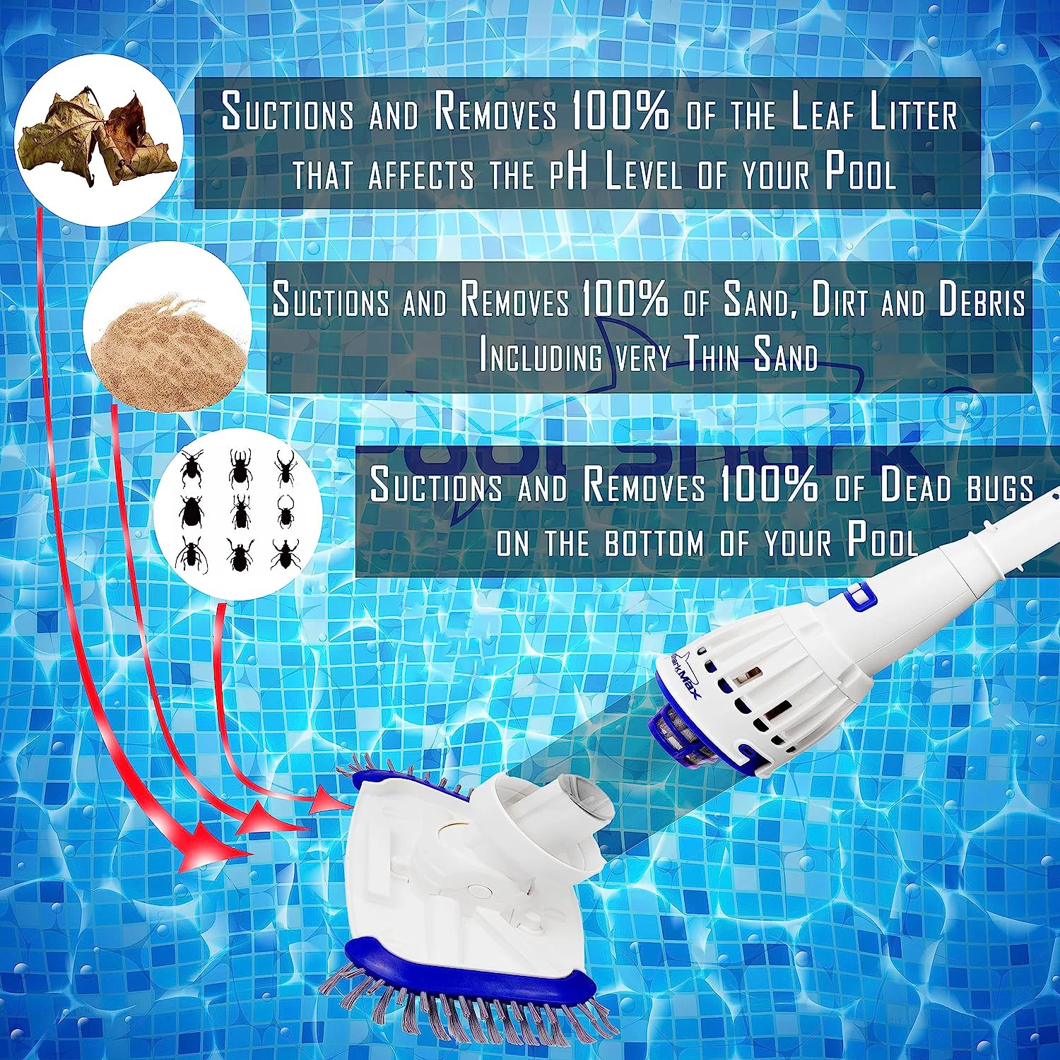 POOL SHARK Max Cordless Pool Vacuum Full Hour of Strong Suction for Deep Pool Cleaning, Handheld Rechargeable Pool Cleaner with Roller and Heavy Duty Brushes for Inground and Above Ground Pools