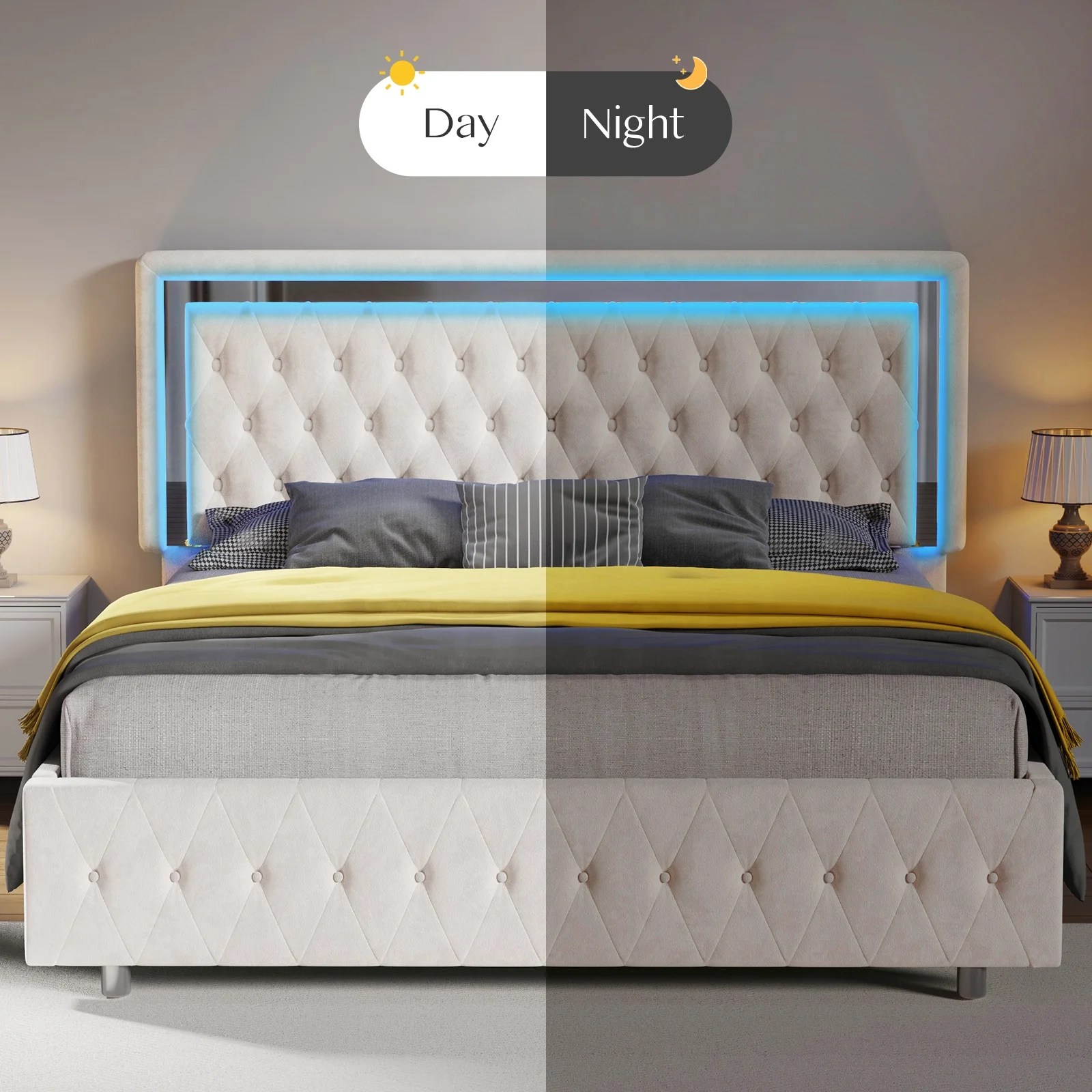 Jocisland LED Bed Frame Queen Size with Led Lights Adjustable Headboard Velvet Button Tufted/Acrylic Mirror Accents, No Box Spring Needed/Cream