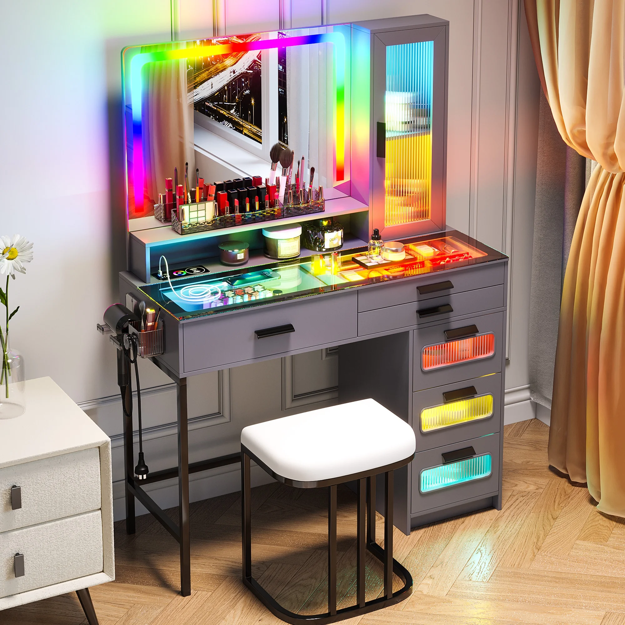HNEBC Vanity Desk with Mirror and RGB Lights, Glass Top Makeup Vanity with Auto Sensor Lights and Wireless Charging, Vanity Table Set with Cushion Stool, Dressing Table with 6 Drawers (Grey)