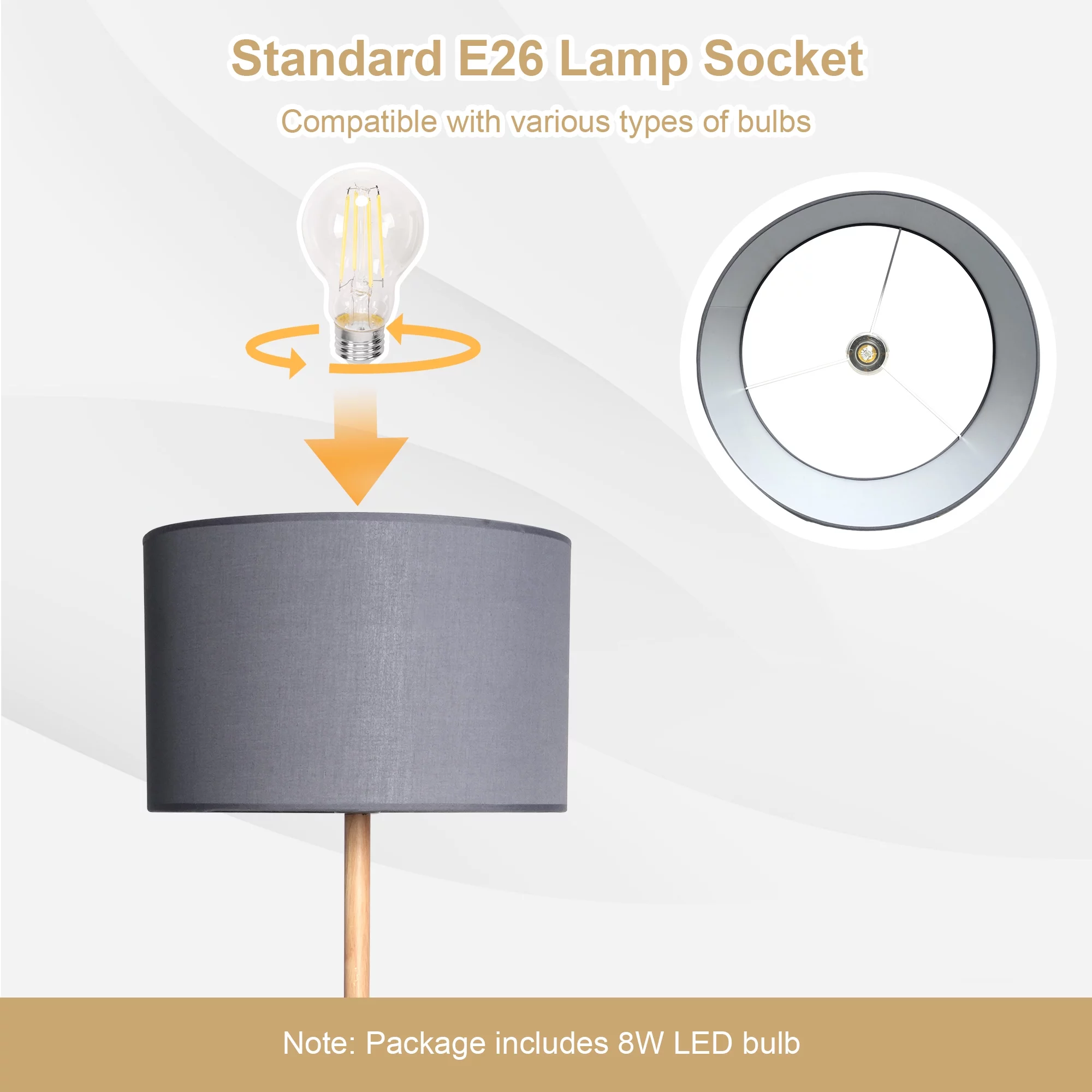 Floor Lamp - Modern Standing Floor Lamps with 8W LED Bulb, Foot Switch & Fabric Lamp Shade - Metal Tall Stand Up Lamp for Living Room, Bedroom & Office (Grey)