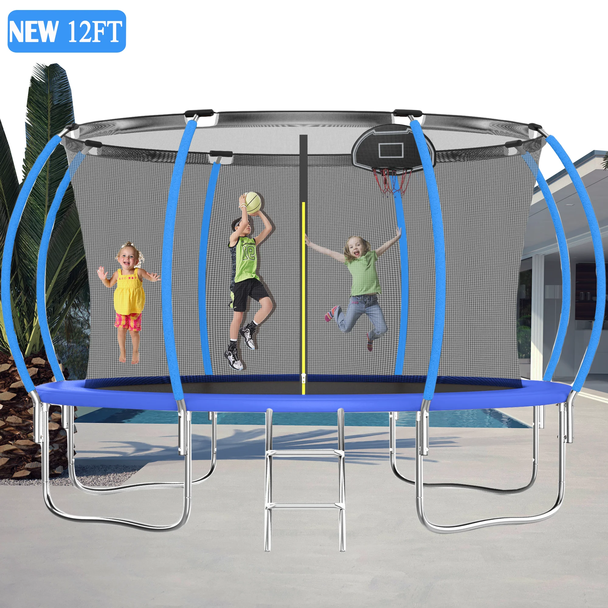 Kids Trampoline with Hoop ON SALES, Seizeen 12FT  Pumpkin Trampoline for Outdoor All-Weather Trampoline W/ Enclosure Net & Anti-collision Curved Pole, Outdoor Round Trampolines Bears 4-6 Kids, Blue