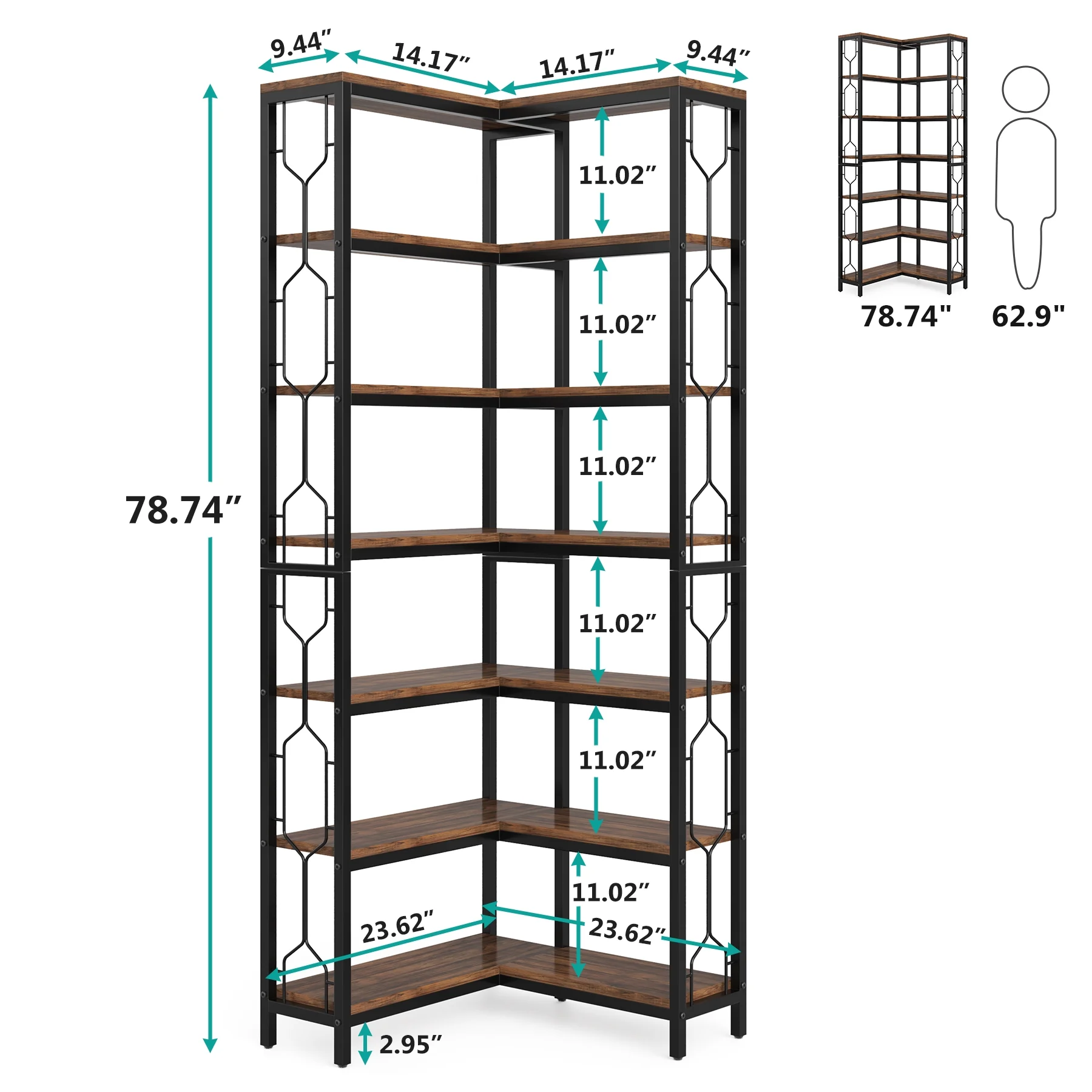 Tribesigns 7-Tier Corner Shelf, Industrial Display Bookshelf, Freestanding Wood and Metal Corner Etagere Bookcase for Living Room, Kitchen, Home Office