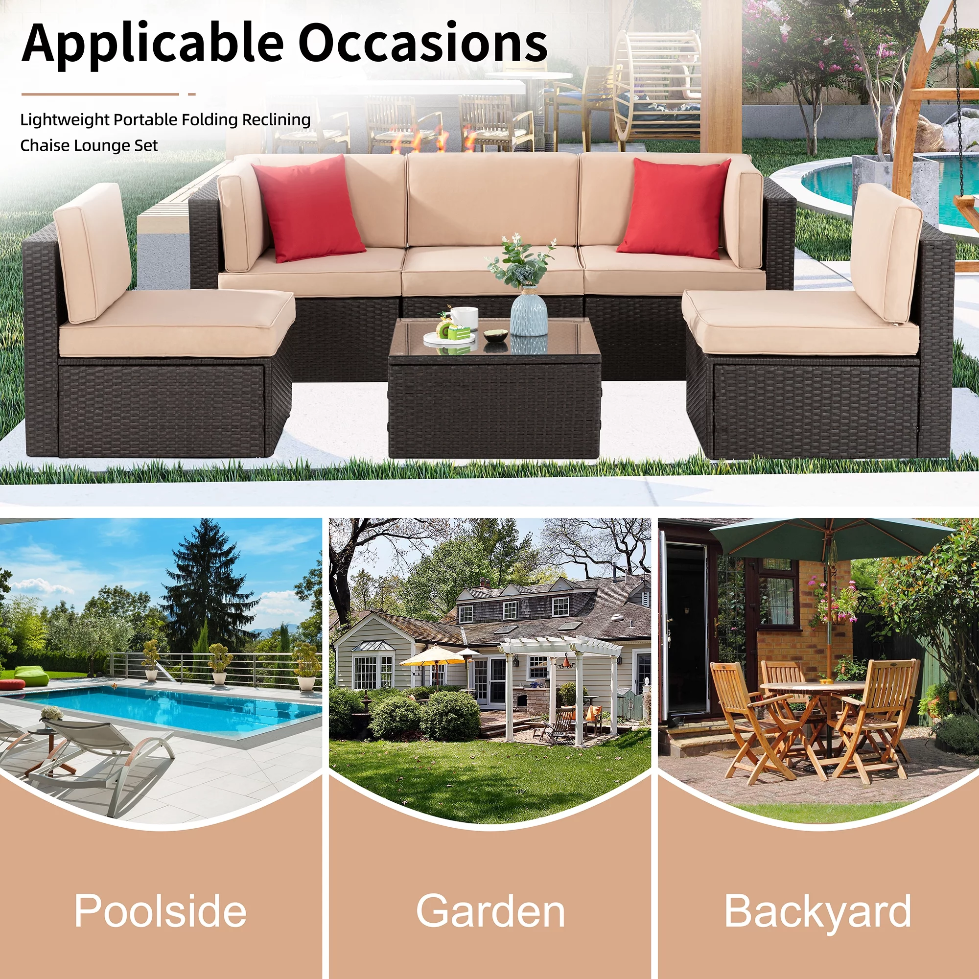 Walsunny 6 Pieces Patio Furniture Sets Outdoor All-Weather Sectional Patio Sofa Set PE Rattan Manual Weaving Wicker Patio Conversation Set Beige