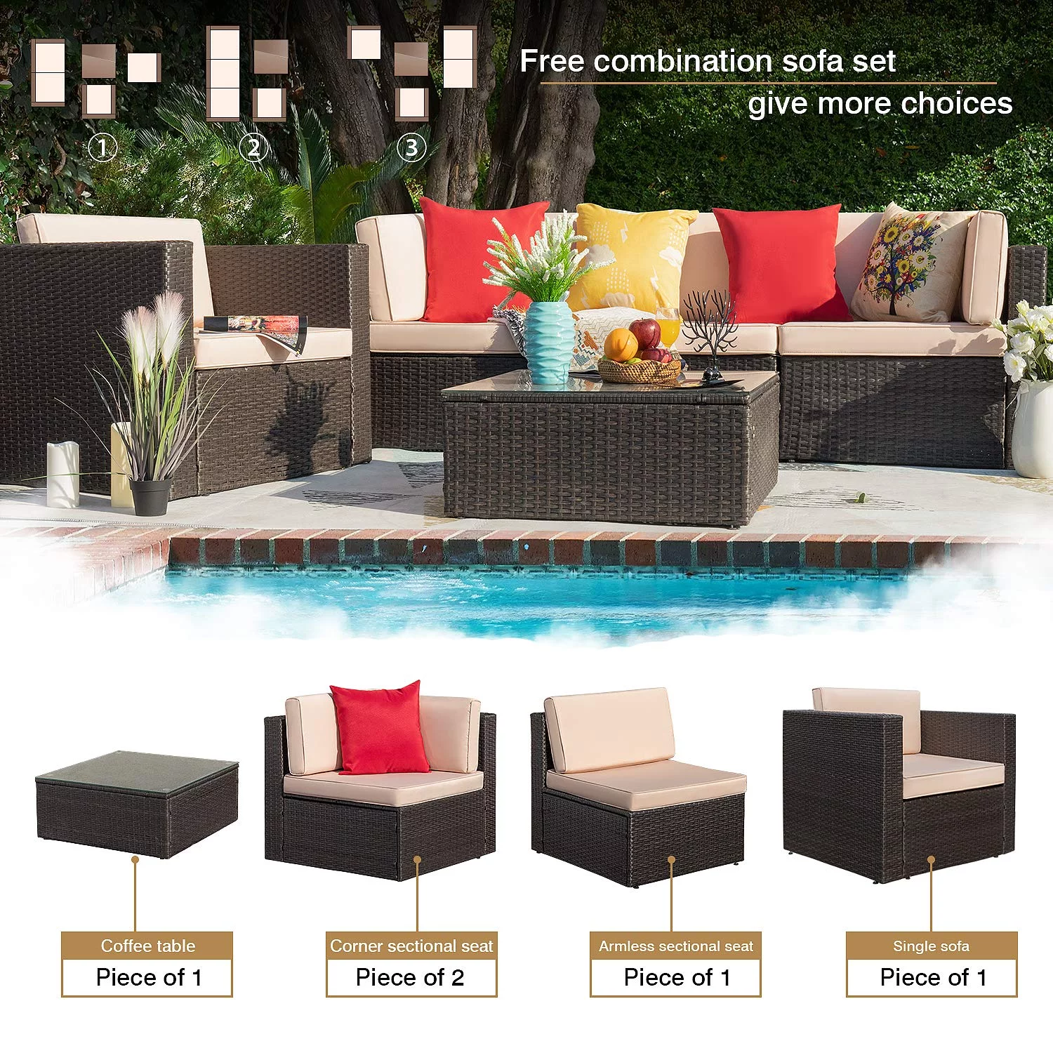 Homall 5 Pieces Patio Conversation Set Outdoor Rattan Furniture Sectional Sofa with Glass Table, Beige