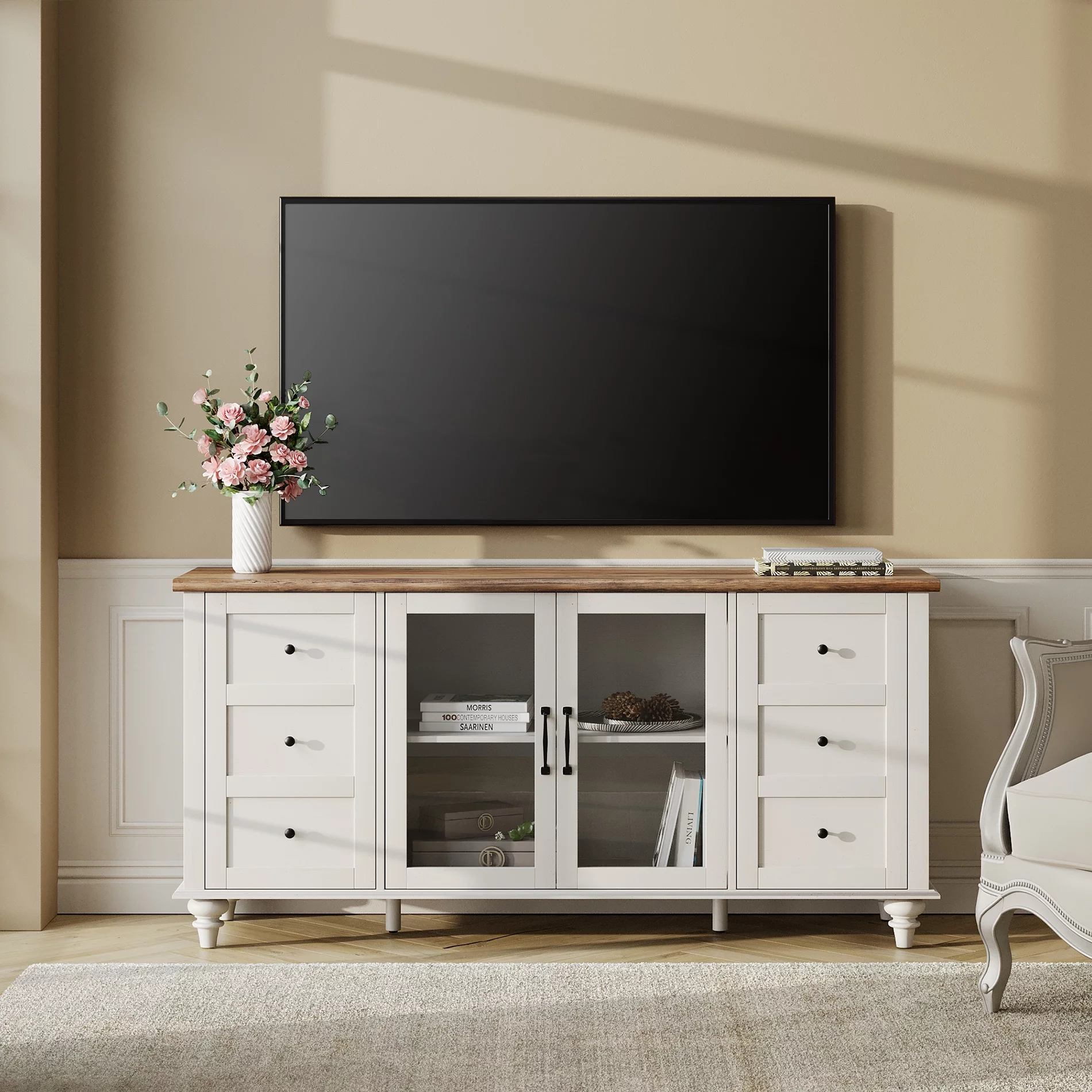 WAMPAT 4-Door Farmhouse TV Stand for TVs Up to 65 inch,Glass and Wood Universal TV Stand with 4 Storage Cabinets,White Entertainment Center for 32-65 inch TV Console Table，White&Oak