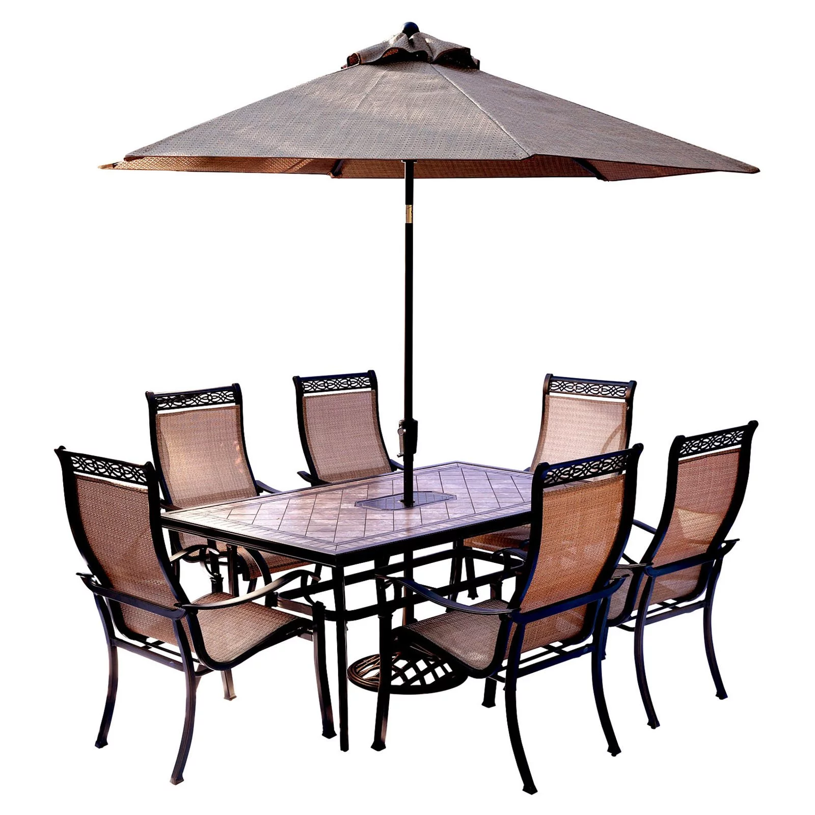 Hanover Outdoor Monaco 7-Piece Tile-Top Dining Set with Sling Stationary Chairs and Umbrella with Stand, Cedar