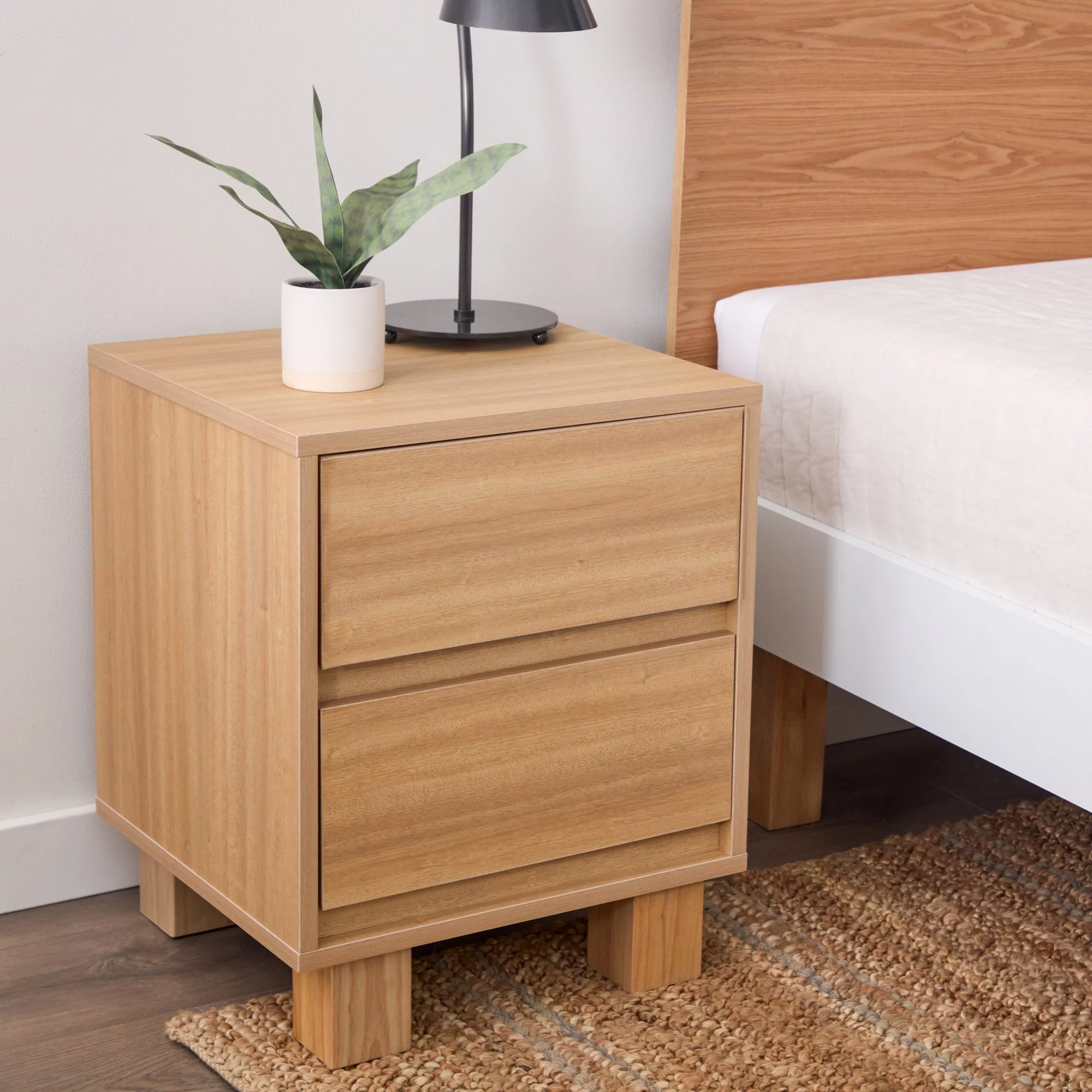 Rest Haven Modern Wood 2-Drawer Nightstand with Square Legs, Light Oak