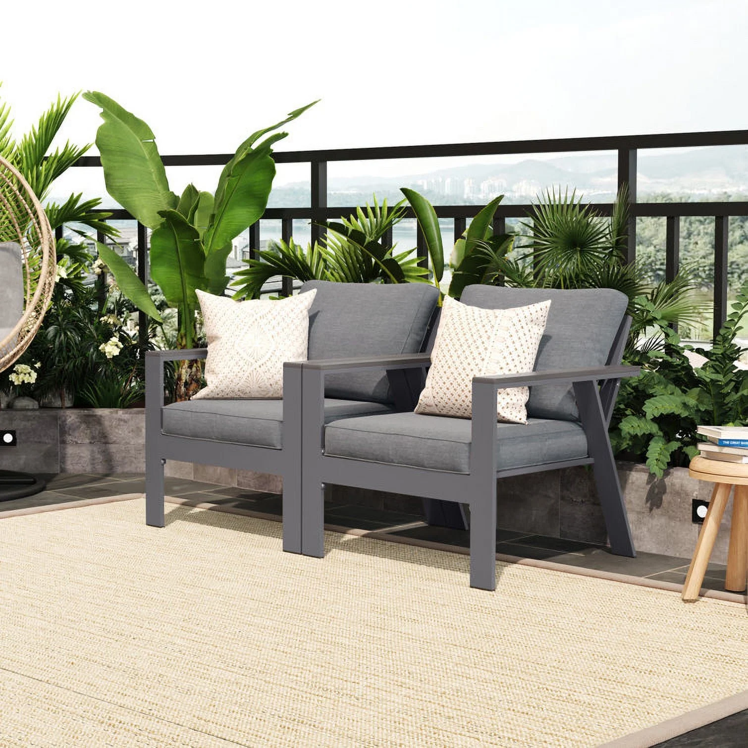 Superjoe Outdoor Aluminum Patio Furniture Chair Set of 2, Metal All-Weather Modern Patio Sofa Deep Seating Chair with Wood Accent Armrest and Angled Backrest, Grey