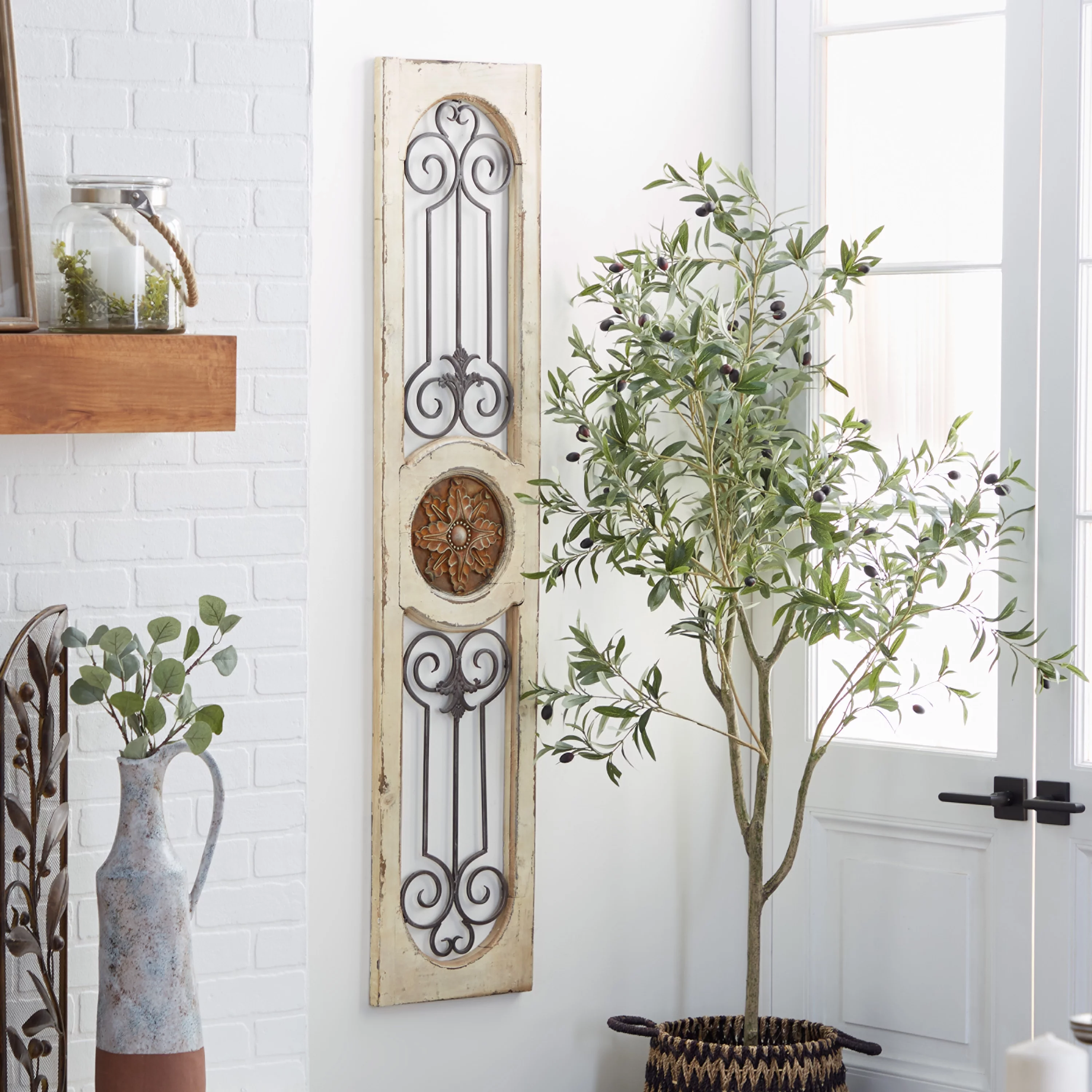 DecMode White Wood Distressed Door Inspired Ornamental Scroll Wall Decor with Metal Wire Details