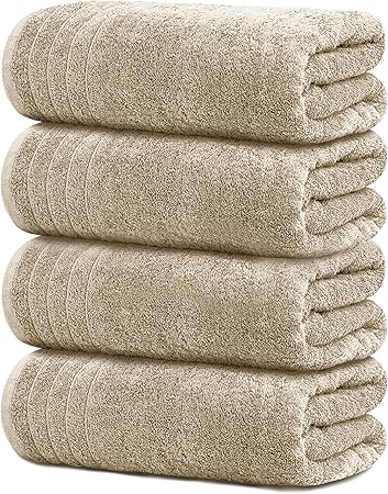Tens Towels Pack of 4 Extra Large Bath Towels 30 x 60 Inches, 100% Cotton, Larger & Lighter Weight, Quicker to Dry, Super Soft and Absorbent, Perfect for Bathroom, Beige