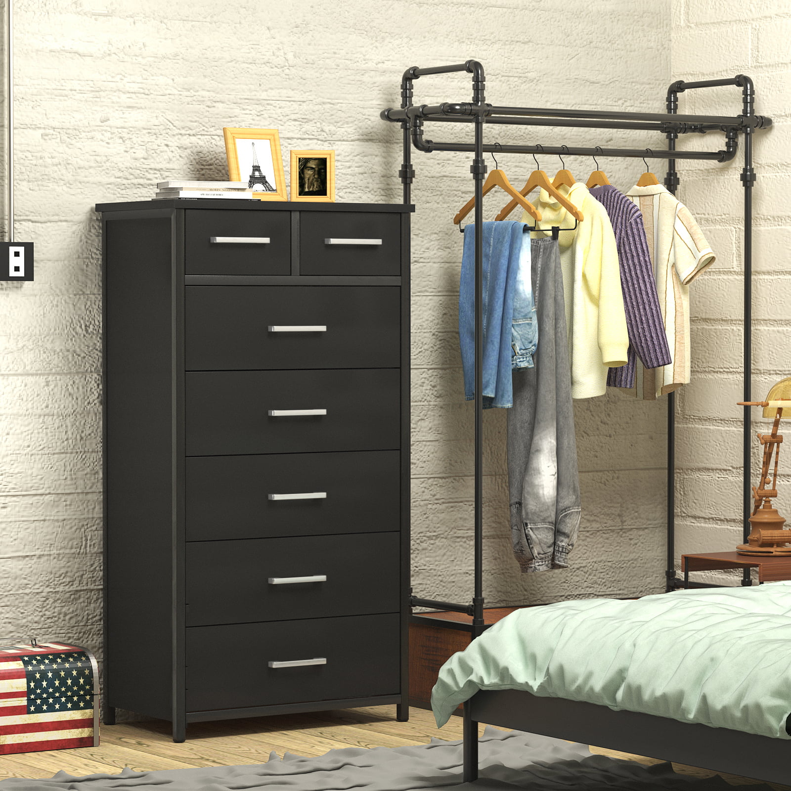 IKENO 7 Drawer Tall Dresser with Sturdy Metal Frame, Industrial Drawer Chest for Bedroom