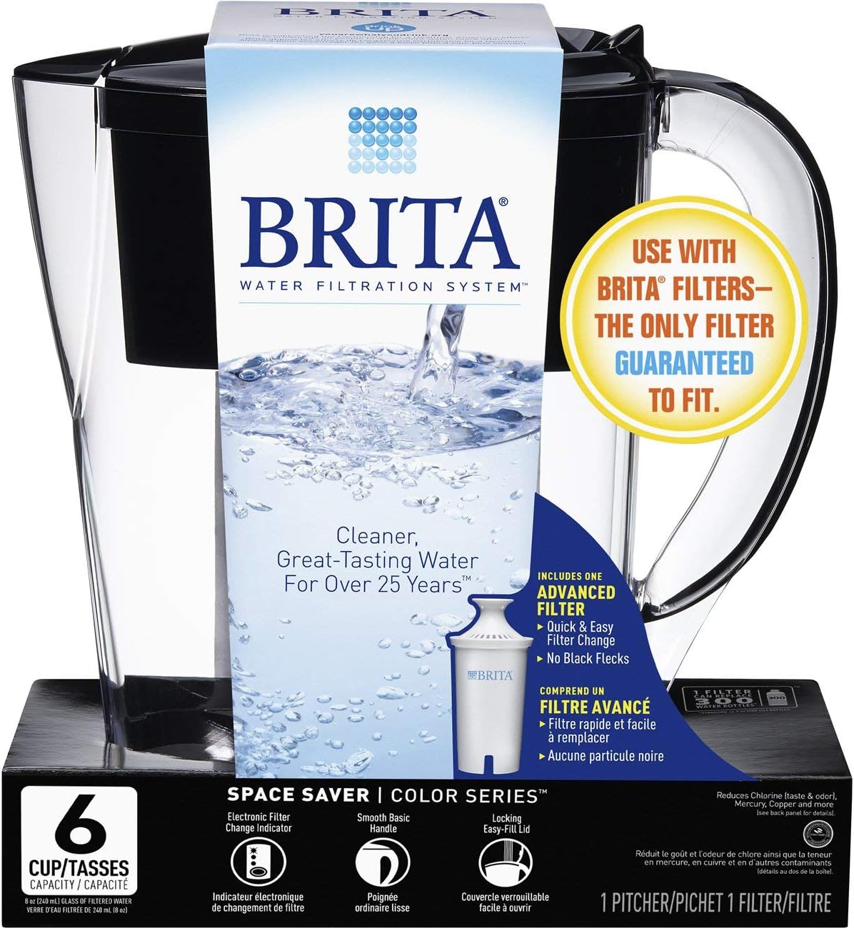 Brita 6 Cup Space Saver BPA Free Water Pitcher with 1 Filter, Black