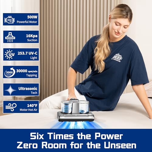 Mattress Vacuum Cleaner 5 in 1 Bed Vacuum Cleaner with 16Kpa Suction 253.7nm UV-C Light, HEPA Filtration, Ultrasonic, High Heating, 30000Rpm/Min Rotation , Replacement Filter Included, 500W, Corded