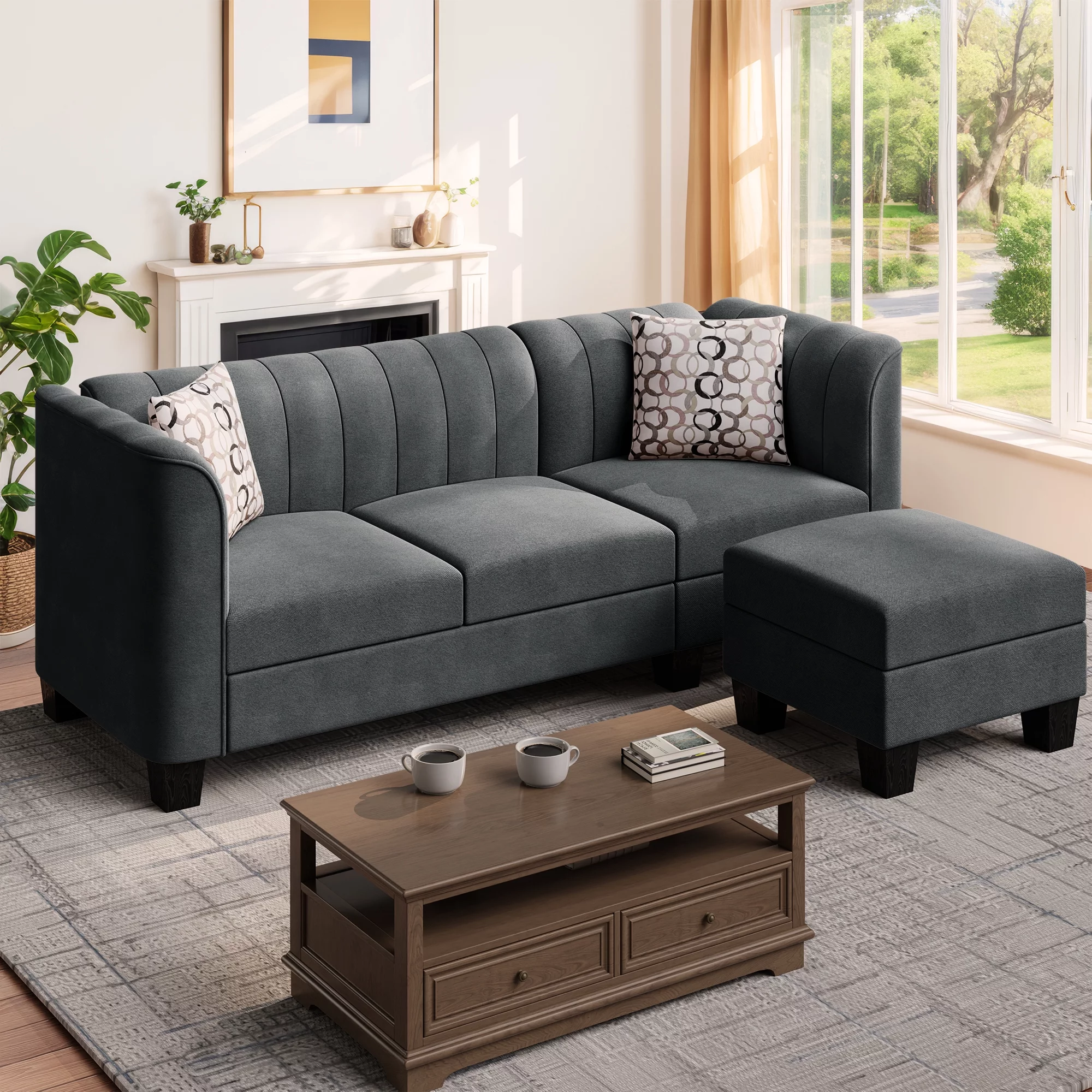 Walsunny Convertible Sectional Sofa Couch, 3 Seat L Shaped Sofa with High Armrest Linen Fabric Small Couch Mid Century Dark Grey
