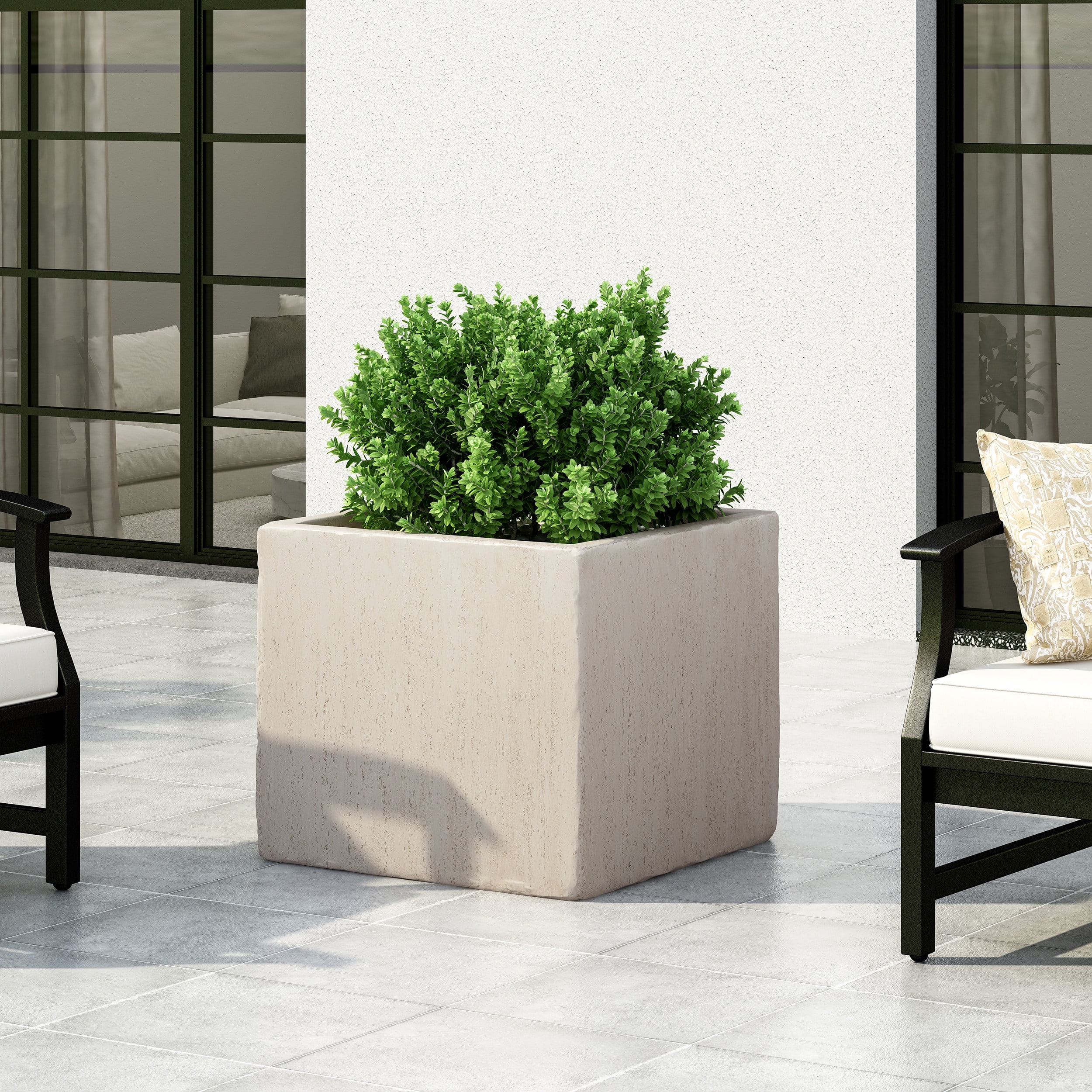 Noble House Ella Outdoor Modern Large Cast Stone Square Planter in White