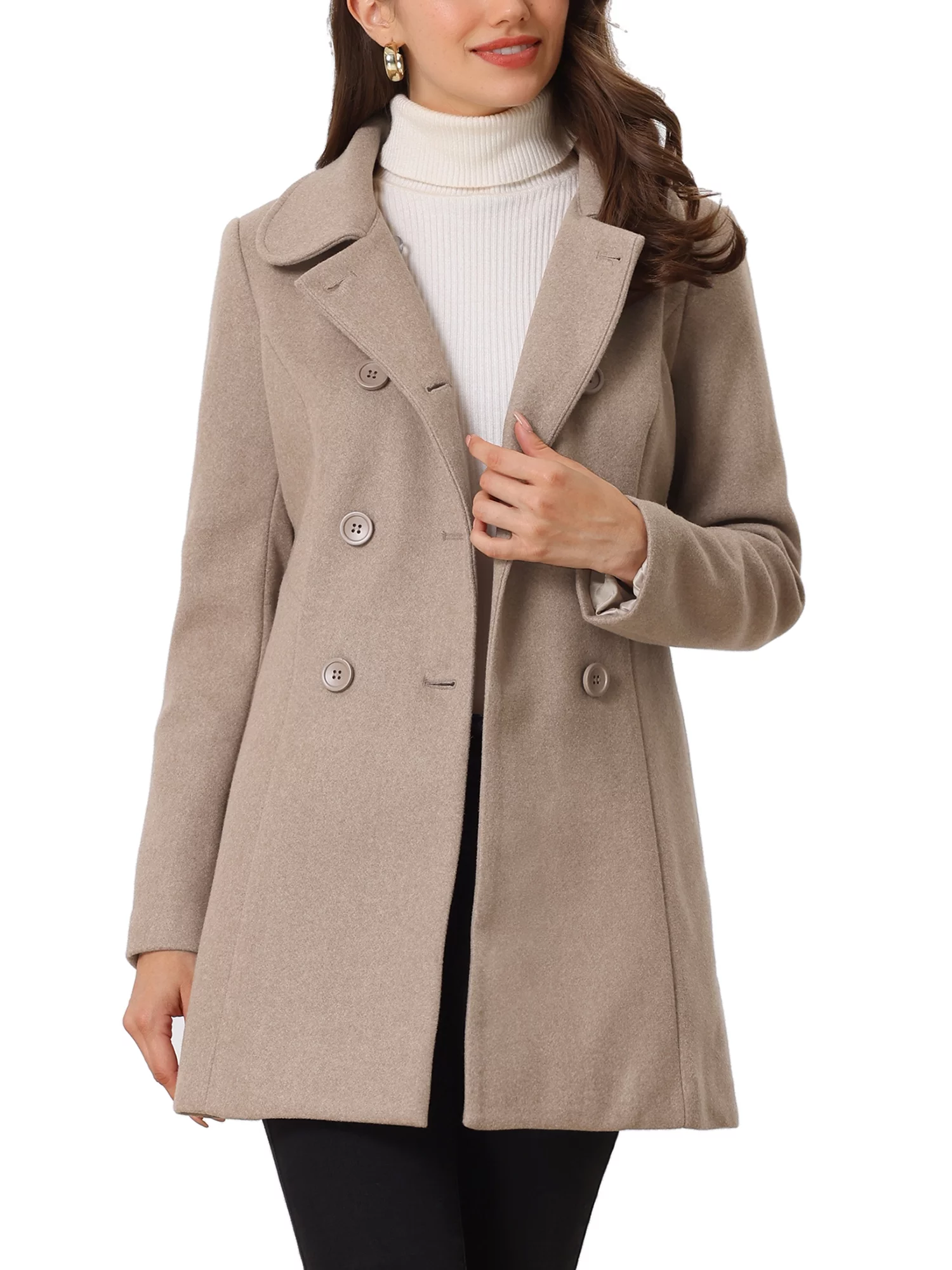 Unique Bargains Women's Peter Pan Collar Double Breasted Winter Trench Coat M Dark Beige