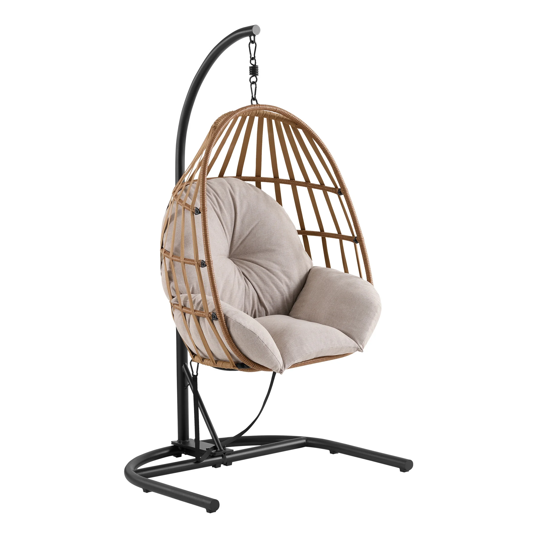 Mainstays Wicker Outdoor Patio Hanging Egg Chair with Beige Olefin Cushion and Black Metal Stand