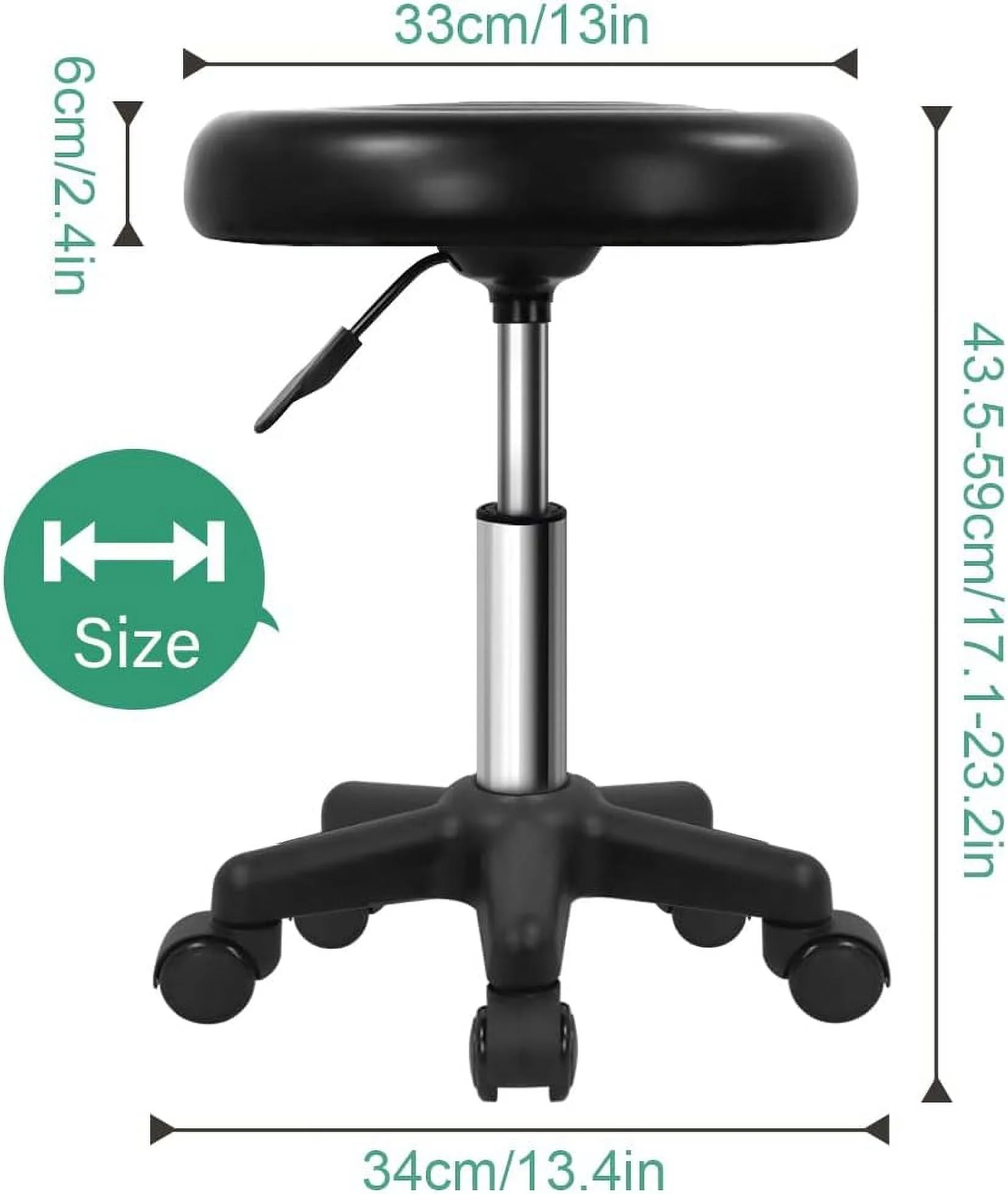 FURWOO Round Swivel Stool with Wheels PU Leahter Rolling Stool Height Adjustable Stool for Spa Salon Massage Black