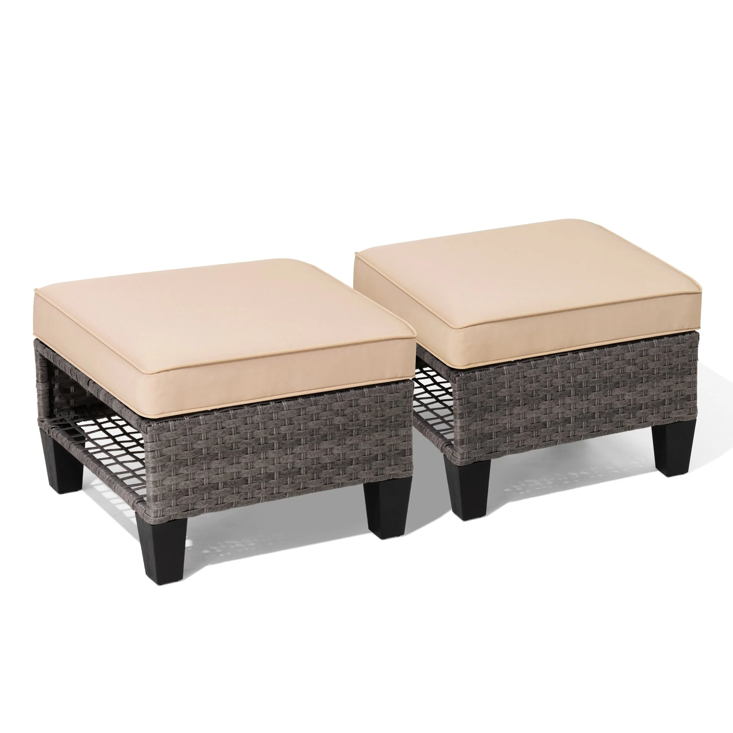 Crestlive Products Outdoor Patio Square Rattan Storage Ottomans Set (Set of 2) with Removeable Cushion, as Side Table Footstool Beige