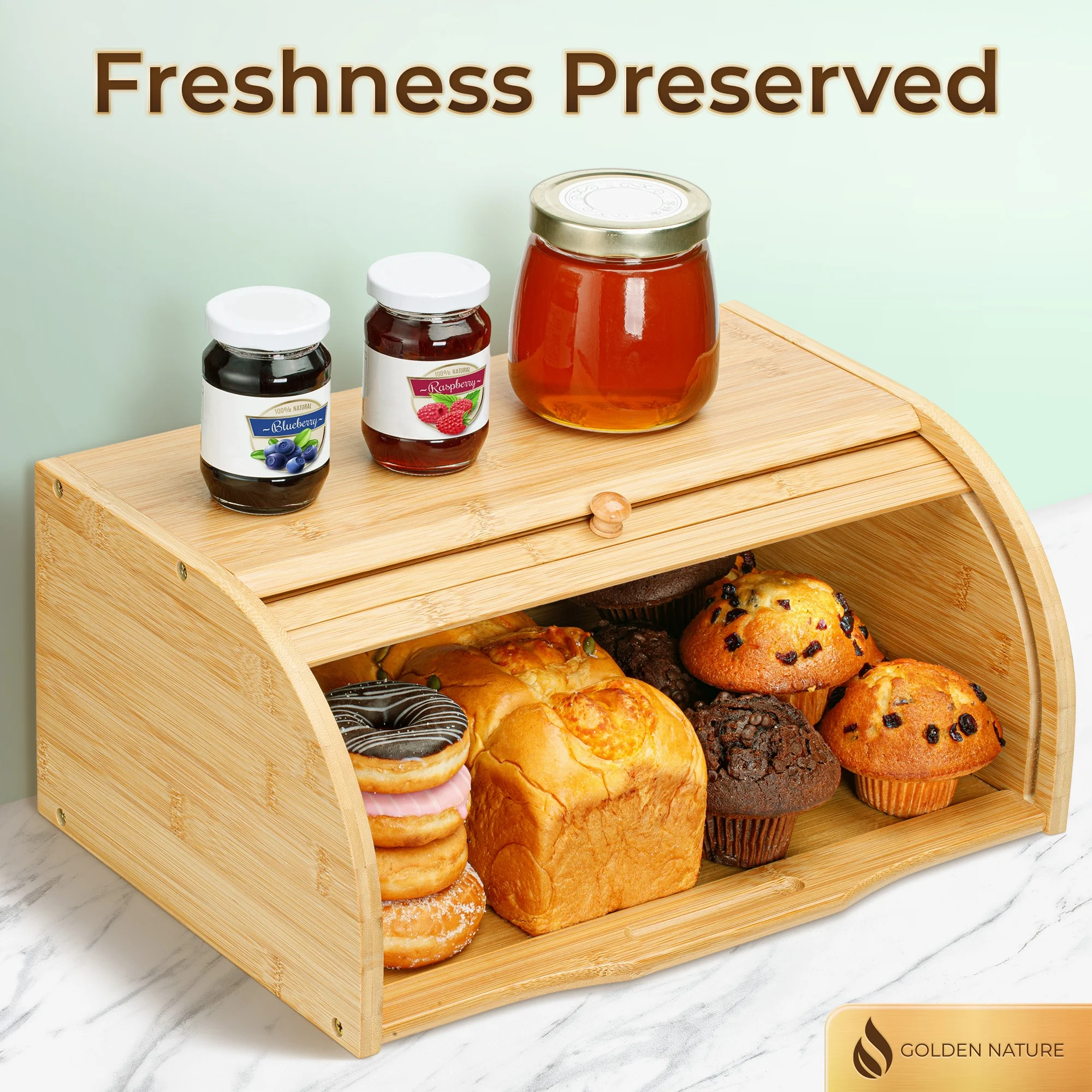 Bamboo Bread Box, Large Wooden Food Keeper for Kitchen Countertop , Storage Bin for Muffins & Bagels by Golden Nature