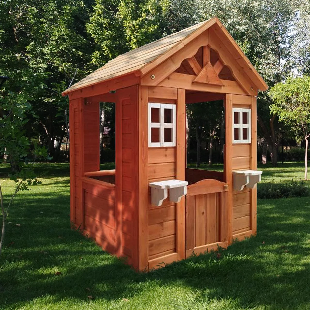 uhomepro Wooden Kids Playhouse with Service Stations, Flower Pot Holders, Windows, Door, Backyard Outdoor Toys for 3-8 Years Old Boys Girls Gift Role Play