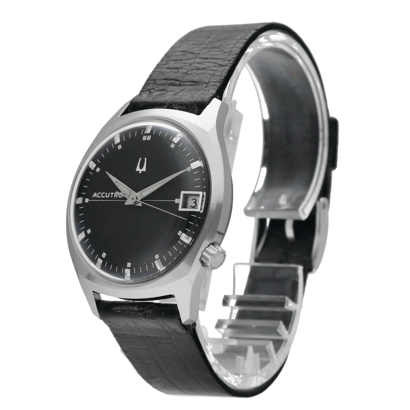 Vintage Bulova Accutron Date Stainless Steel Black Dial Tuning Fork Men's Watch