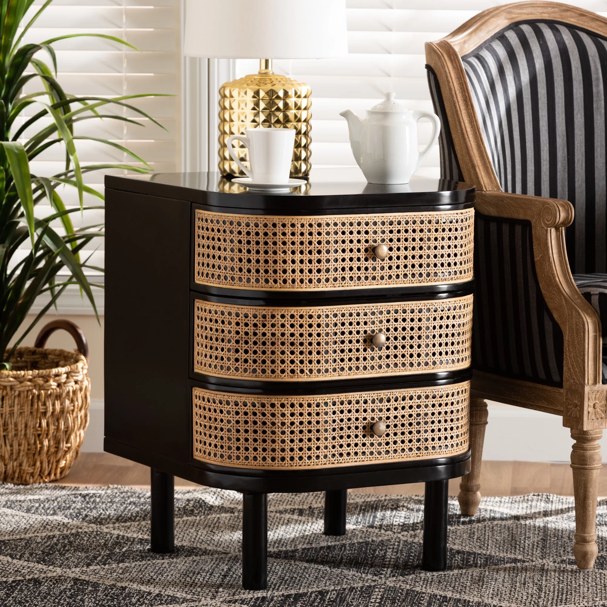 bali & pari Nabila Modern BoHo Black Bayur Wood and Natural Rattan 3-Drawer End Table Nightstand