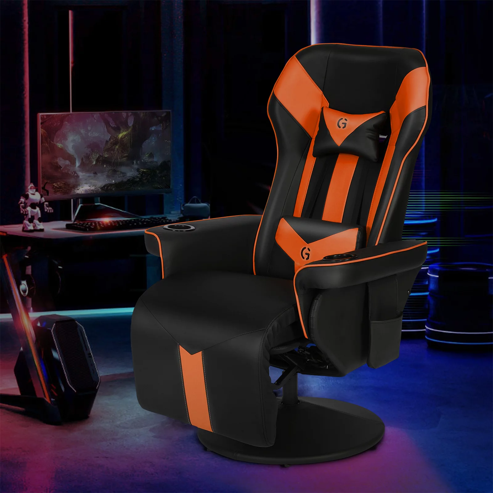King Throne Ergonomic Gaming Chair High Back Video Racing Chair Swivel Recliner Chair with Footrest, Adjustable Backrest, Headrest, Lumbar Support, Cupholders, Black Orange