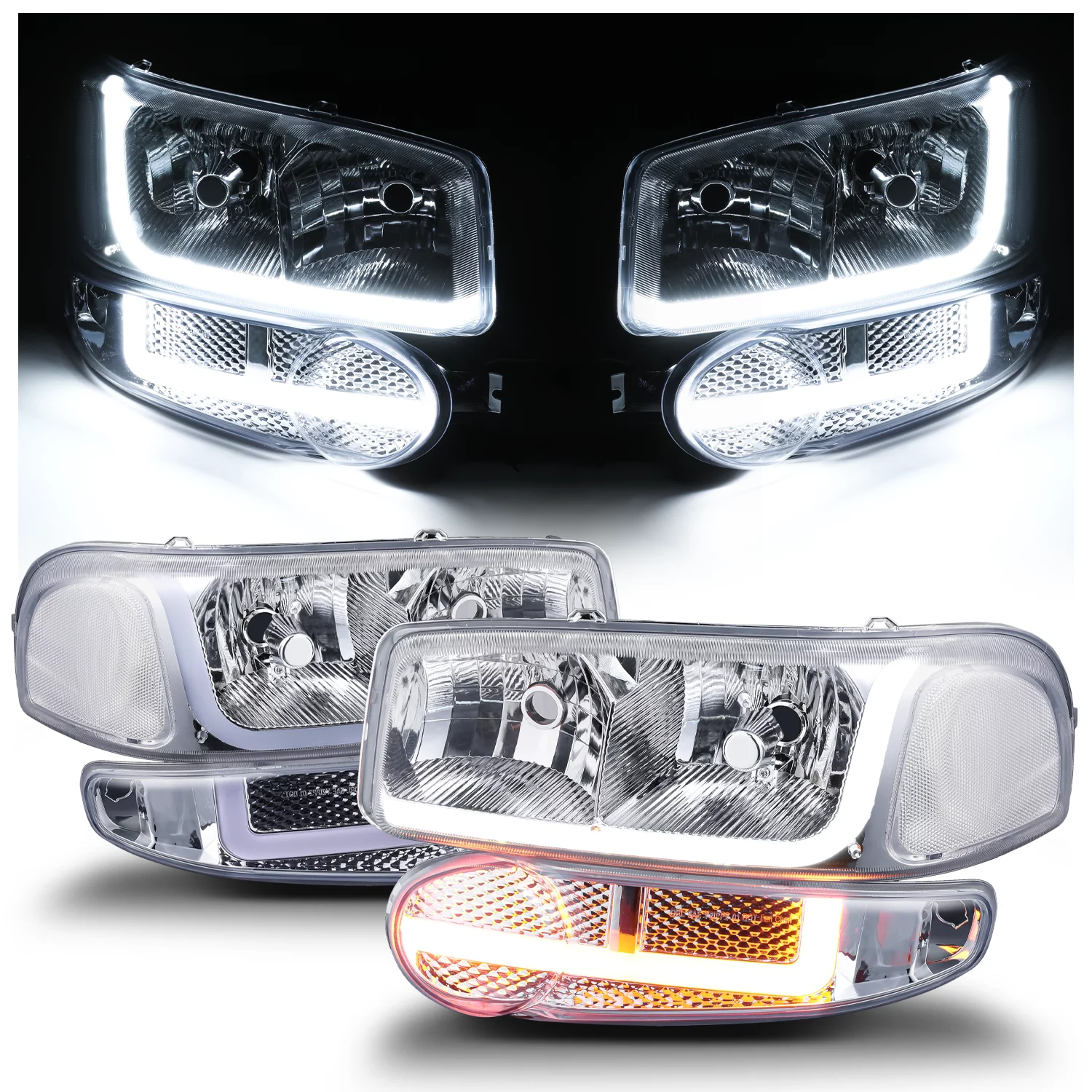 M-AUTO Switchback LED Tube DRL Headlights Assembly for 2001 GMC Sierra C3 / 02-06 Sierra 1500 Denali / 07 Sierra 1500 Denali Classic / 01-06 Yukon Denali, Yukon Xl 1500 Denali
