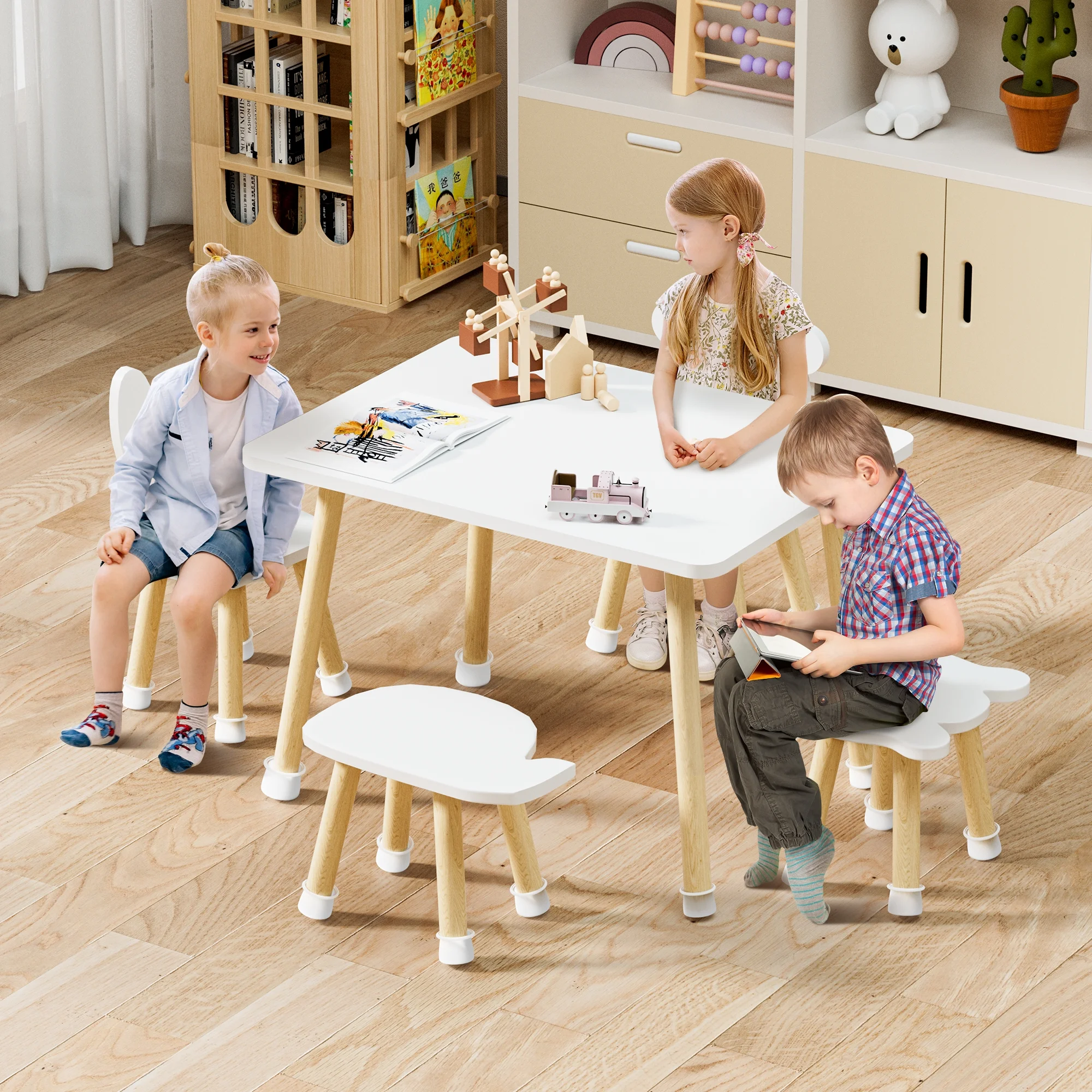 Toddler Table and Chairs Set Wood Kids Play Table with 4 Animals Shape Chairs
